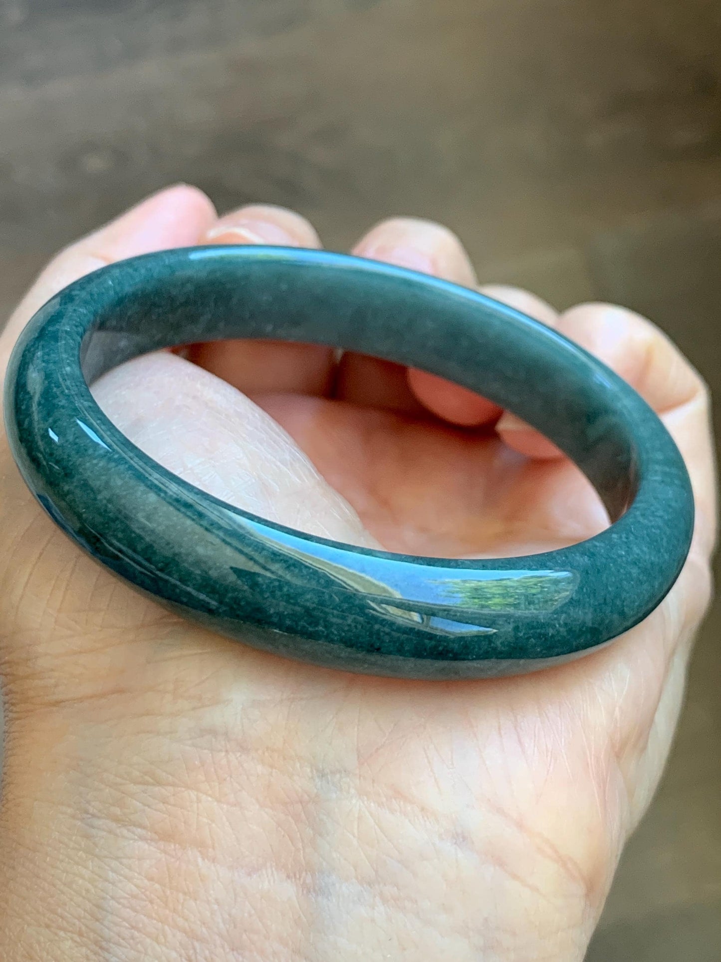 Certified Natural Grade A Guatemalan Icy Translucent Dark Teal Blue Jade Jadeite Wide Bangle 58mm 7.17” 45.6g 天然冰危蓝绿翡翠正圈宽版手镯 1234