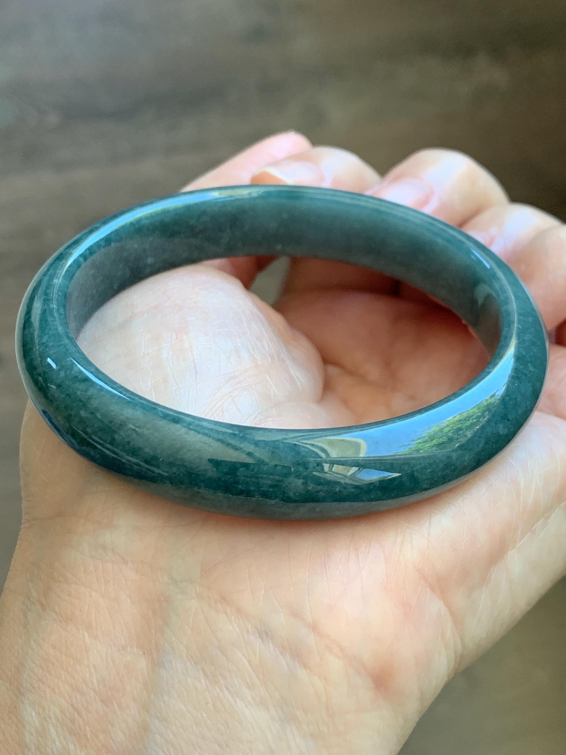 Certified Natural Grade A Guatemalan Icy Translucent Dark Teal Blue Jade Jadeite Wide Bangle 58mm 7.17” 45.6g 天然冰危蓝绿翡翠正圈宽版手镯 1234