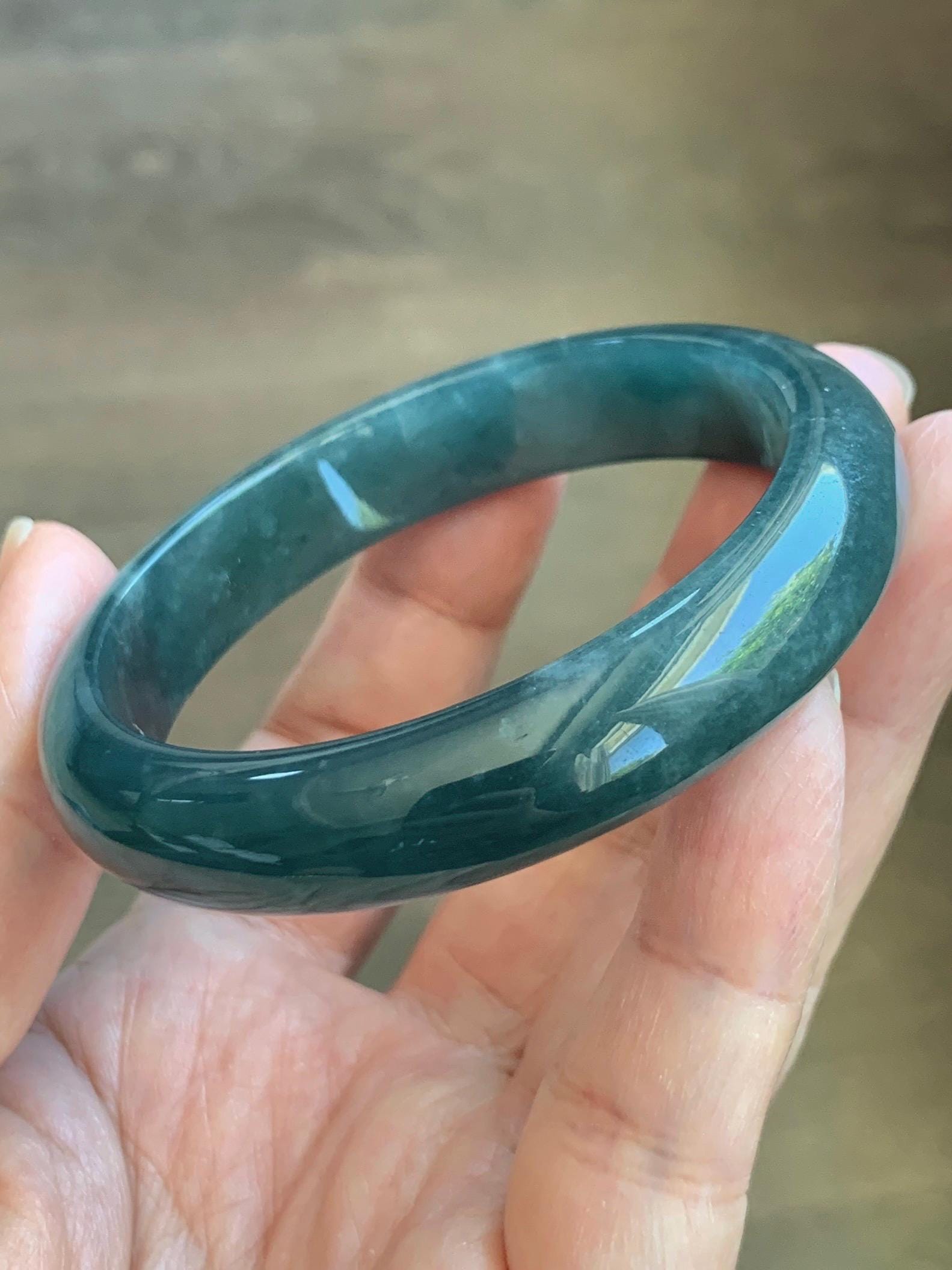 Certified Natural Grade A Guatemalan Icy Translucent Dark Teal Blue Jade Jadeite Wide Bangle 54mm 6.67” 42g 天然冰危蓝绿翡翠正圈宽版手镯 1229