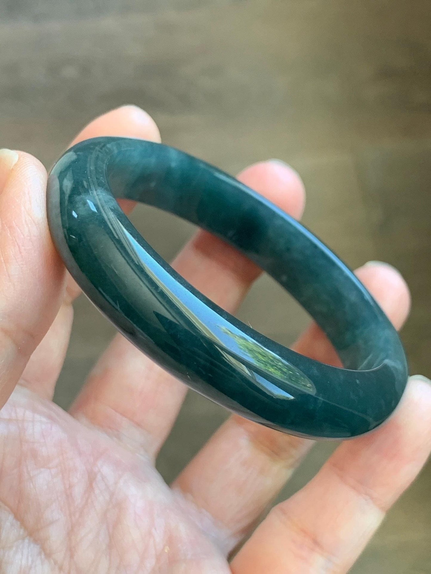 Certified Natural Grade A Guatemalan Icy Translucent Dark Teal Blue Jade Jadeite Wide Bangle 54mm 6.67” 42g 天然冰危蓝绿翡翠正圈宽版手镯 1229