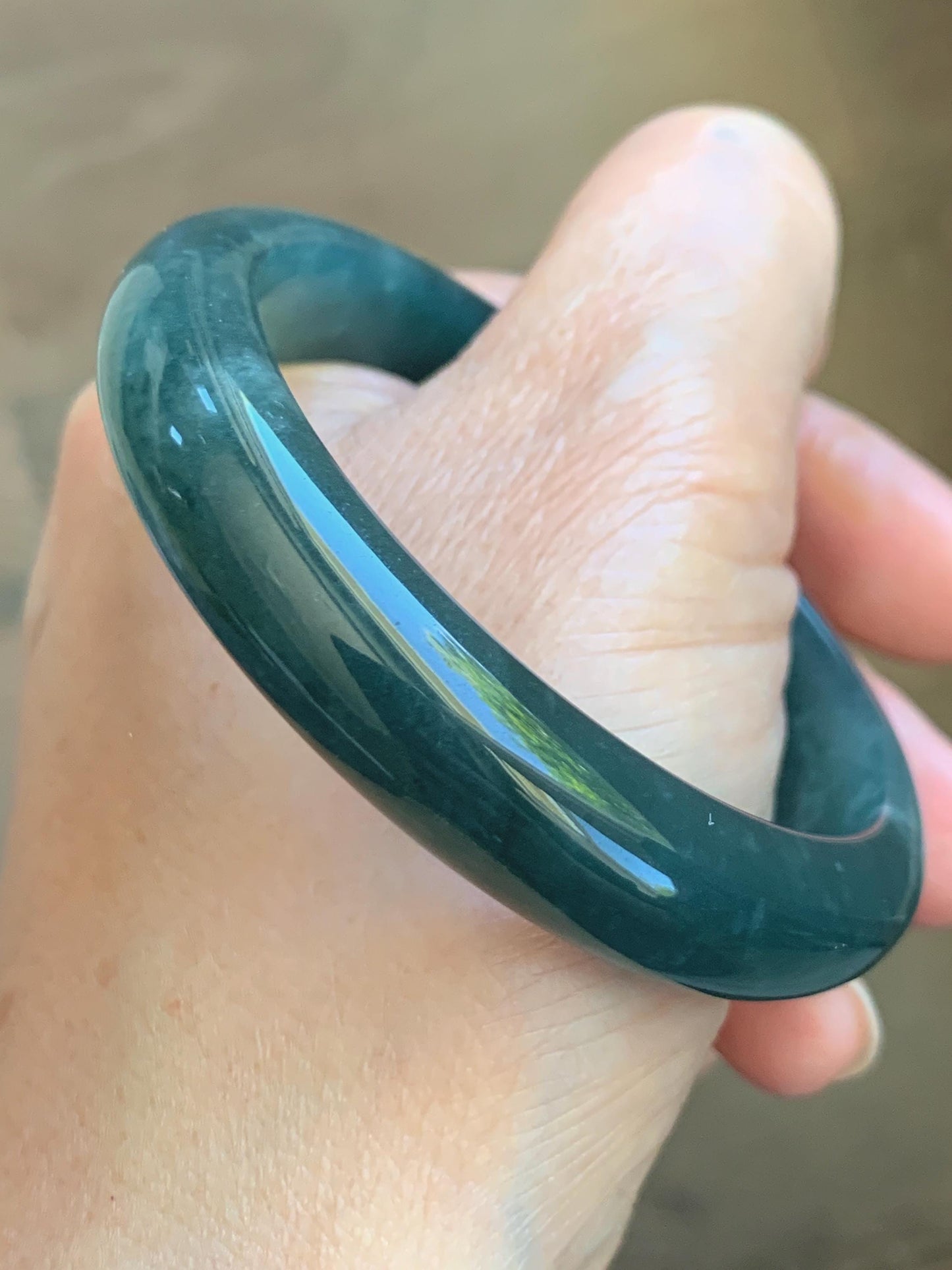 Certified Natural Grade A Guatemalan Icy Translucent Dark Teal Blue Jade Jadeite Wide Bangle 54mm 6.67” 42g 天然冰危蓝绿翡翠正圈宽版手镯 1229