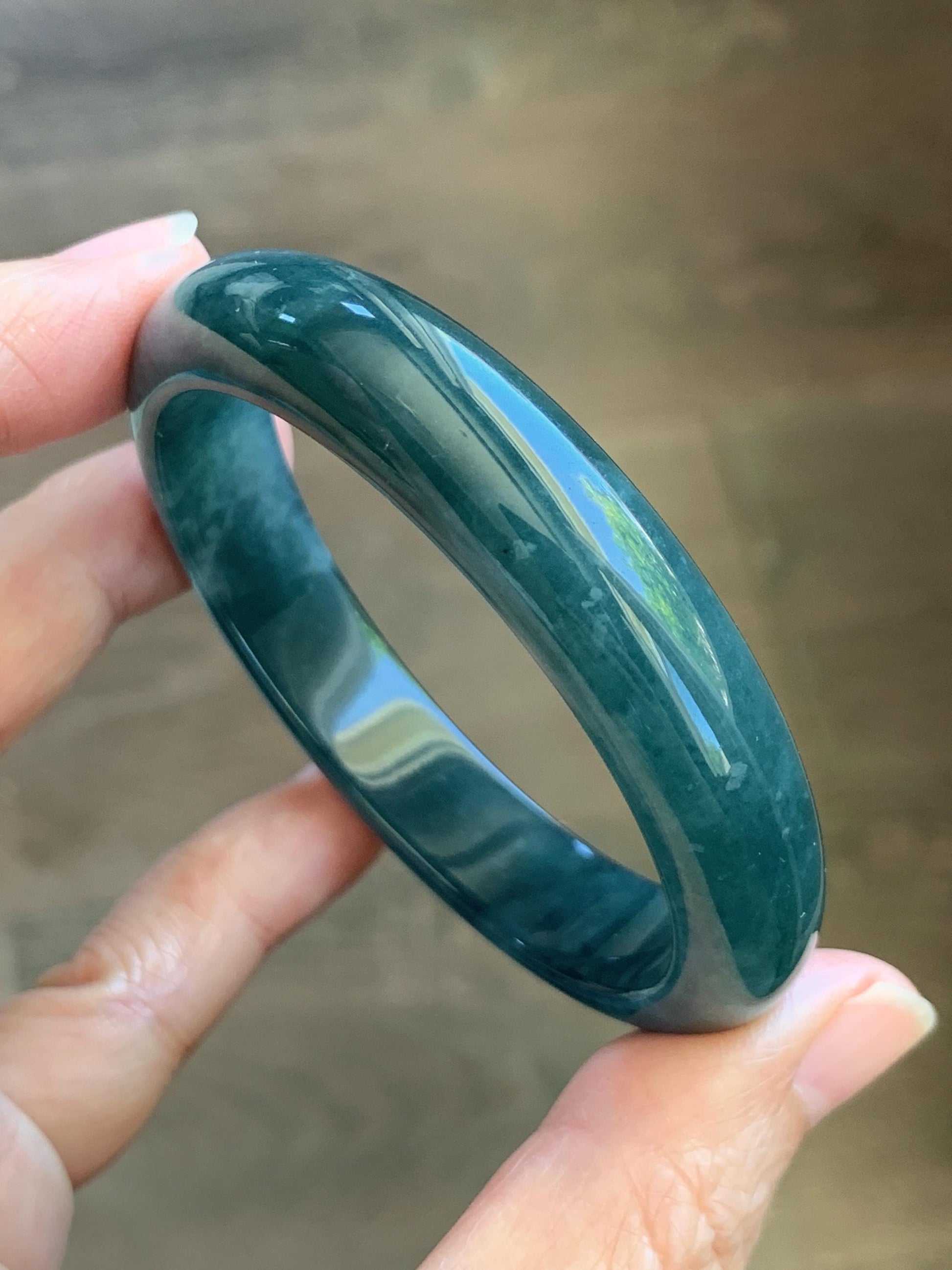 Certified Natural Grade A Guatemalan Icy Translucent Dark Teal Blue Jade Jadeite Wide Bangle 54mm 6.67” 42g 天然冰危蓝绿翡翠正圈宽版手镯 1229