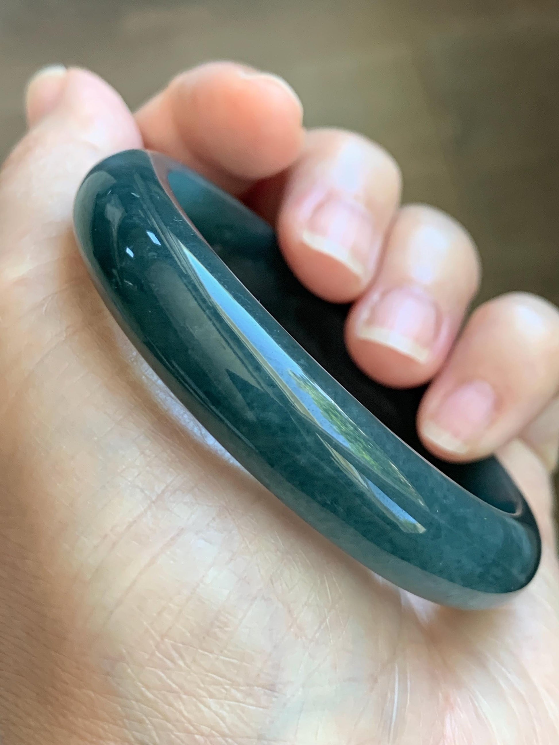 Certified Natural Grade A Guatemalan Icy Translucent Dark Teal Blue Jade Jadeite Wide Bangle 54mm 6.67” 42g 天然冰危蓝绿翡翠正圈宽版手镯 1229