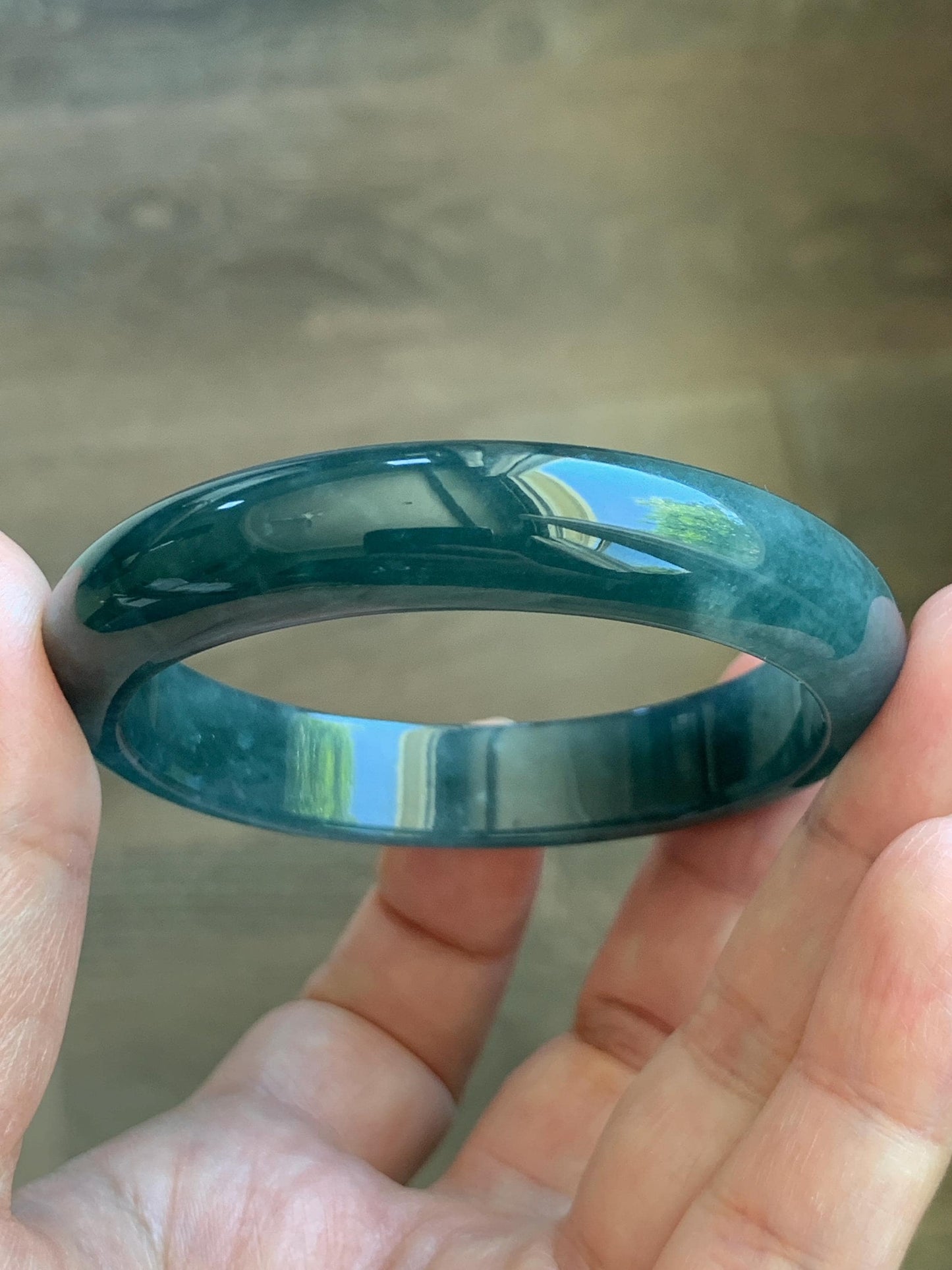 Certified Natural Grade A Guatemalan Icy Translucent Dark Teal Blue Jade Jadeite Wide Bangle 54mm 6.67” 42g 天然冰危蓝绿翡翠正圈宽版手镯 1229