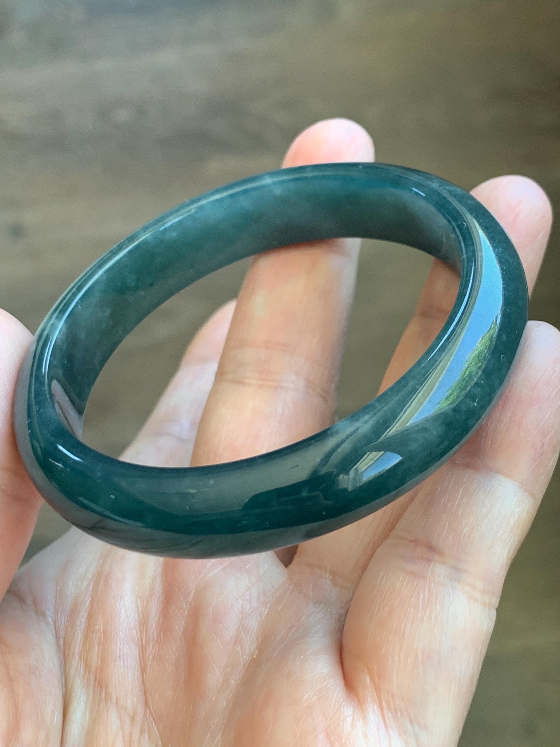 Certified Natural Grade A Guatemalan Icy Translucent Dark Teal Blue Jade Jadeite Wide Bangle 54mm 6.67” 42g 天然冰危蓝绿翡翠正圈宽版手镯 1229