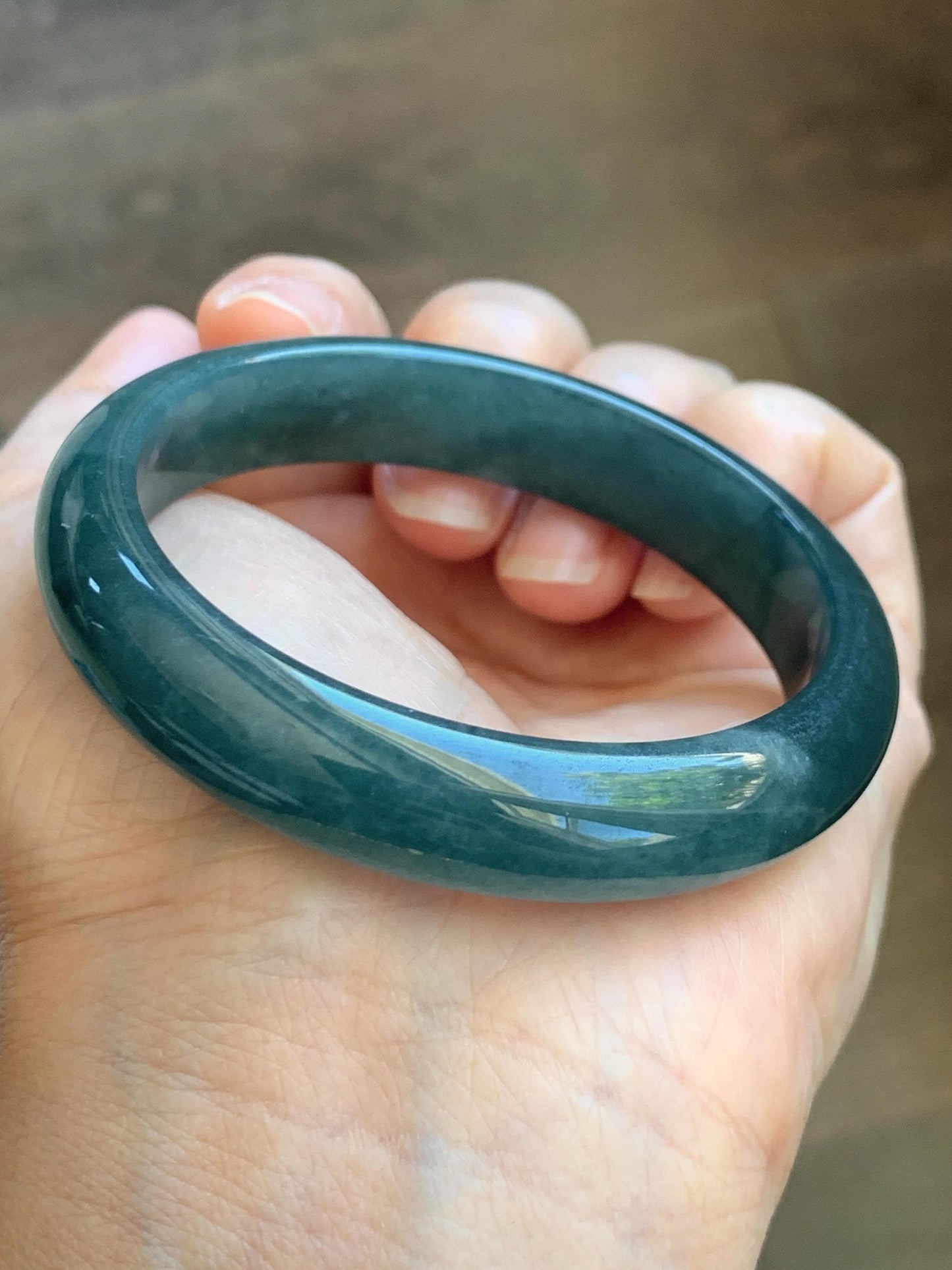 Certified Natural Grade A Guatemalan Icy Translucent Dark Teal Blue Jade Jadeite Wide Bangle 54mm 6.67” 42g 天然冰危蓝绿翡翠正圈宽版手镯 1229