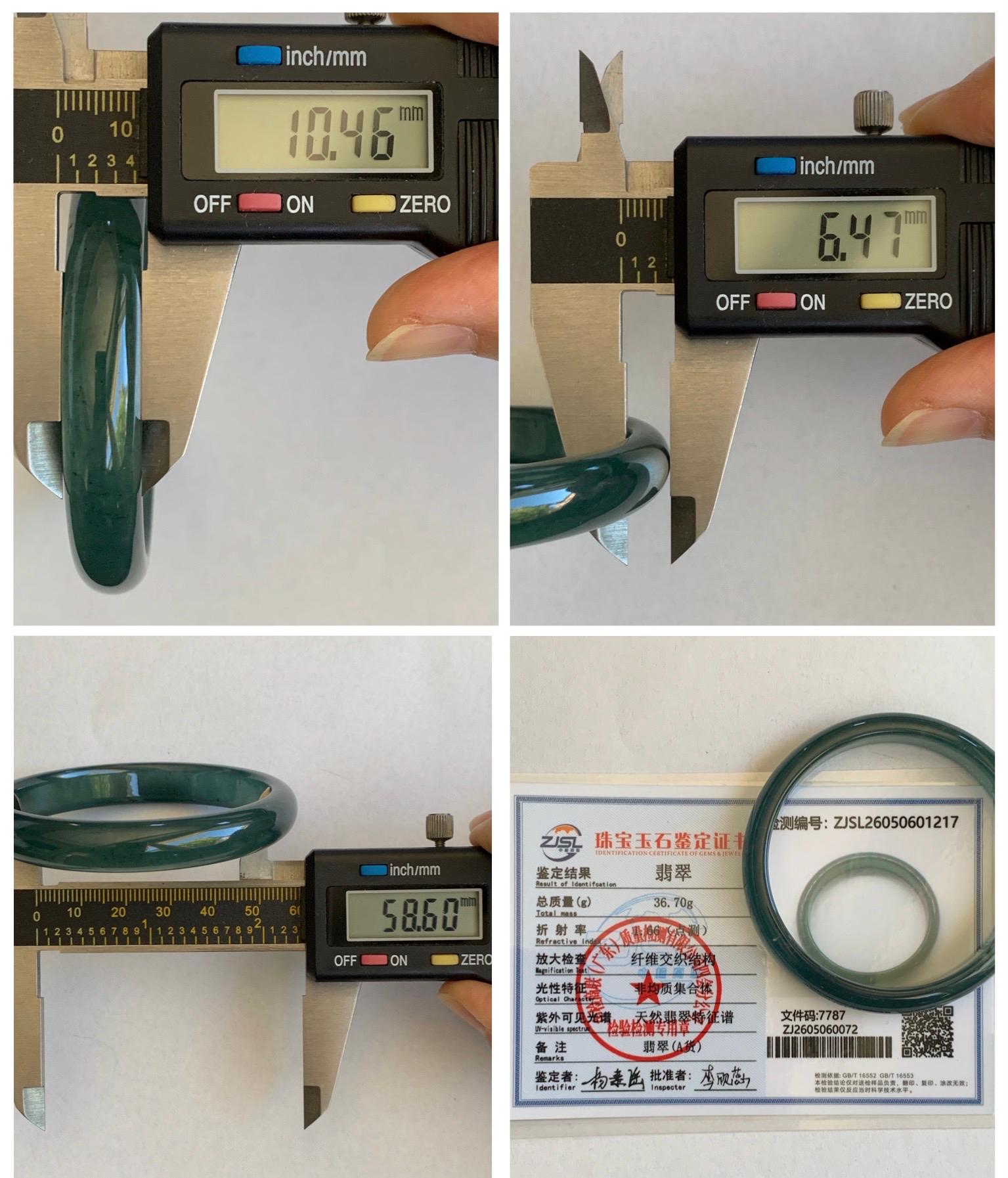 Certified Natural Grade A Guatemalan Icy Translucent Dark Teal Blue Wuji Jade Jadeite Wide Bangle 58.6mm 7.24” 36.7g 天然冰危深蓝绿翡翠正圈手镯1217 AS IS