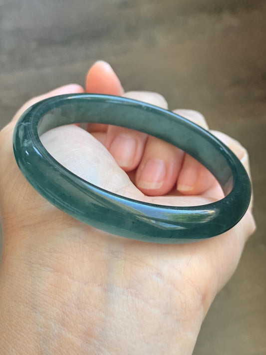 Certified Natural Grade A Guatemalan Icy Translucent Dark Teal Blue Wuji Jade Jadeite Wide Bangle 58.6mm 7.24” 36.7g 天然冰危深蓝绿翡翠正圈手镯1217 AS IS