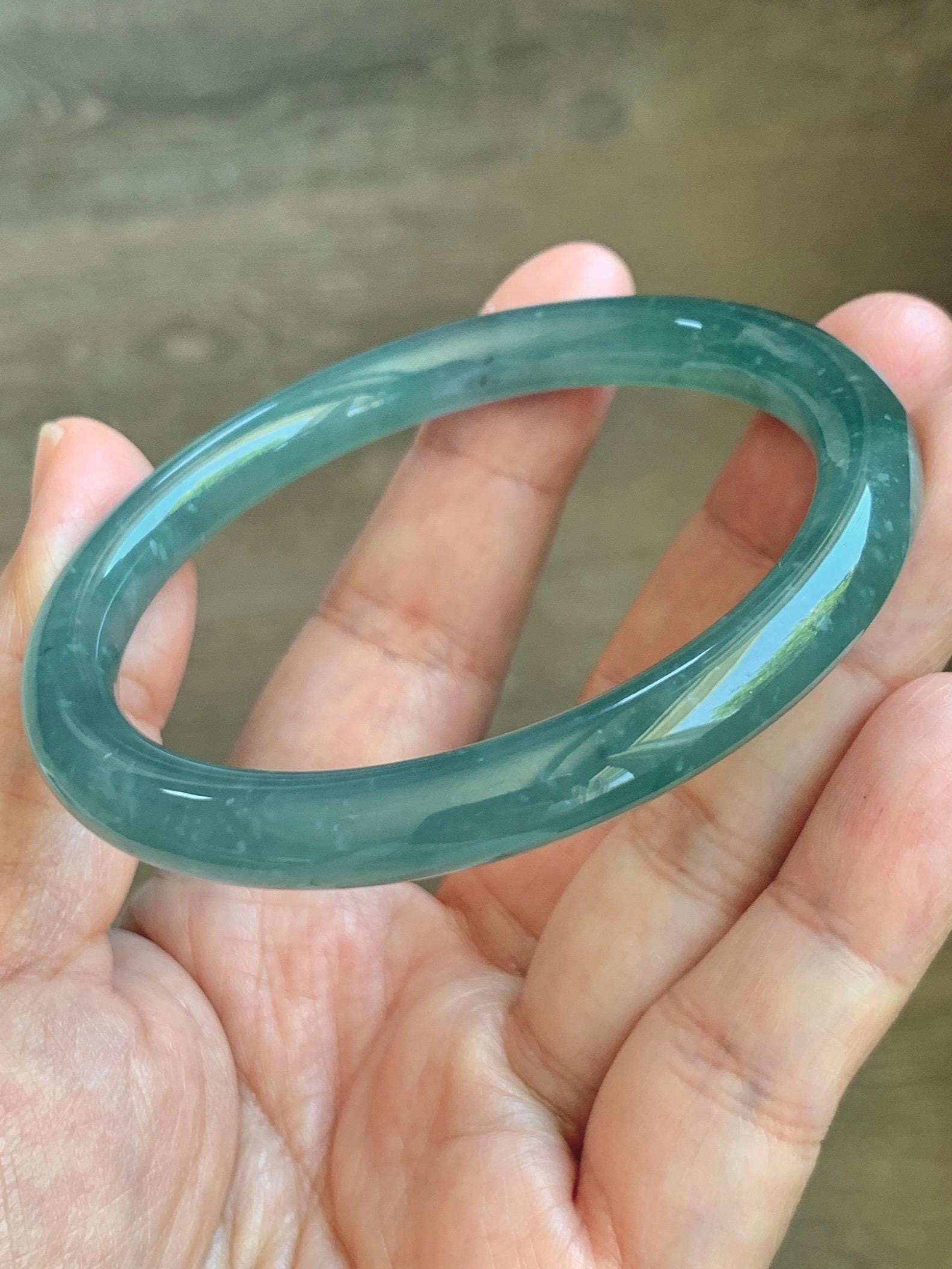 Certified Natural Grade A Guatemalan Icy Translucent Teal Blue Jade Jadeite Bangle Bracelet 56.8mm 7” 32g 天然冰危蓝绿圆条翡翠手镯 212
