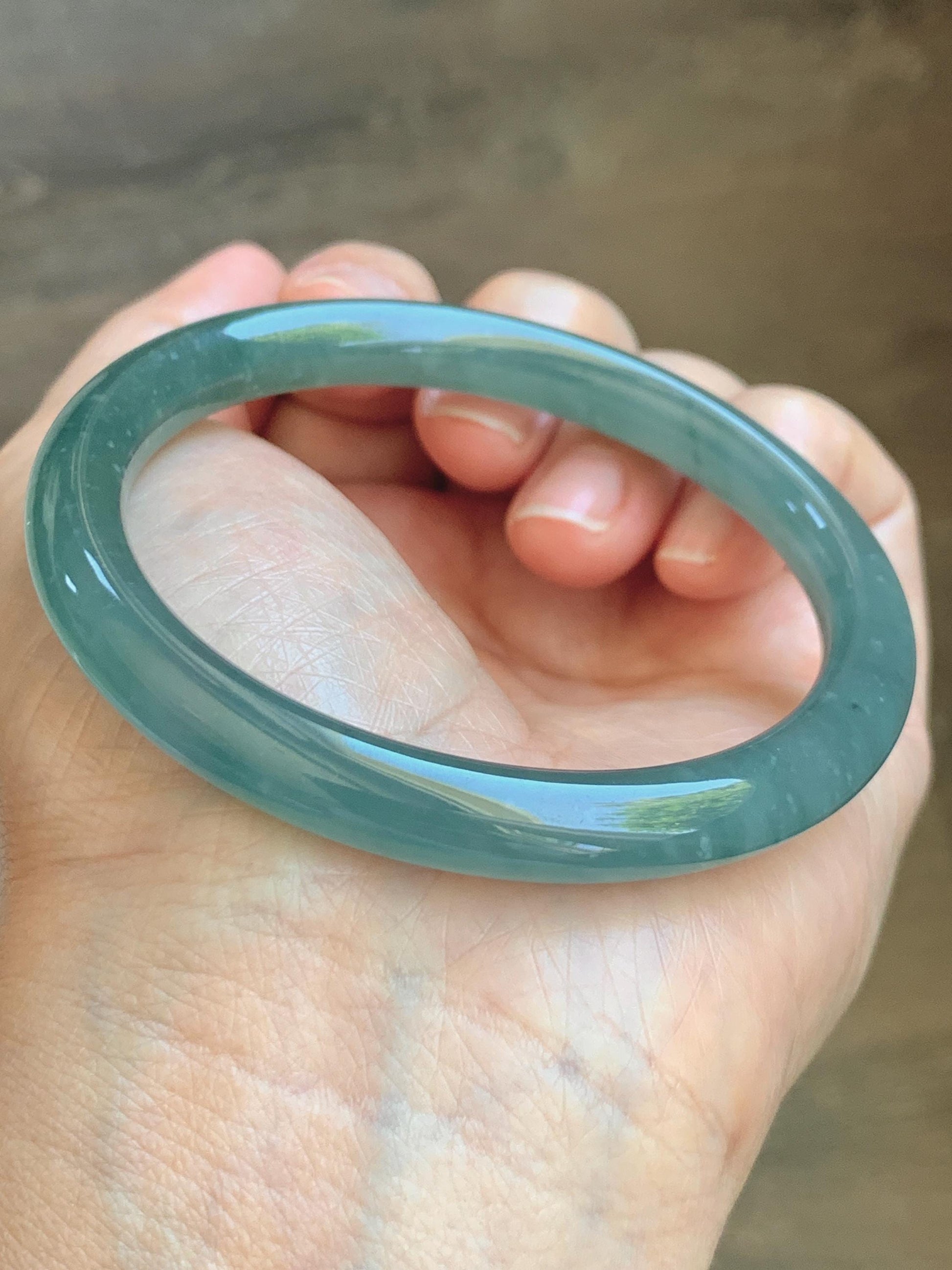Certified Natural Grade A Guatemalan Icy Translucent Teal Blue Jade Jadeite Bangle Bracelet 56.8mm 7” 32g 天然冰危蓝绿圆条翡翠手镯 212