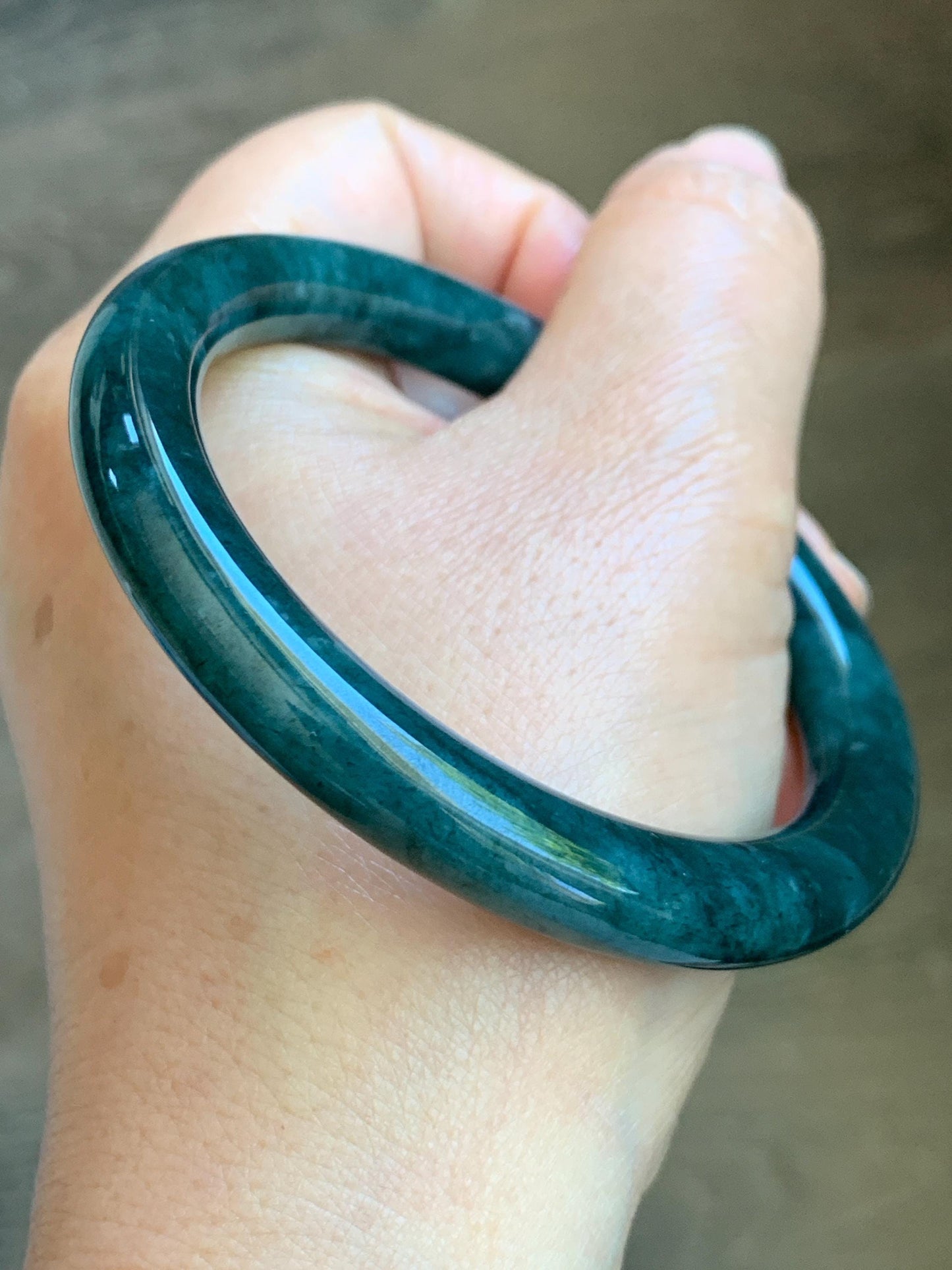 Certified Natural Grade A Guatemalan Icy Translucent Dusty Blue & Dark Green Marbled Jade Jadeite Bangle 56.6mm 7” 44g 天然冰危蓝绿飘花翡翠圆条手镯 216