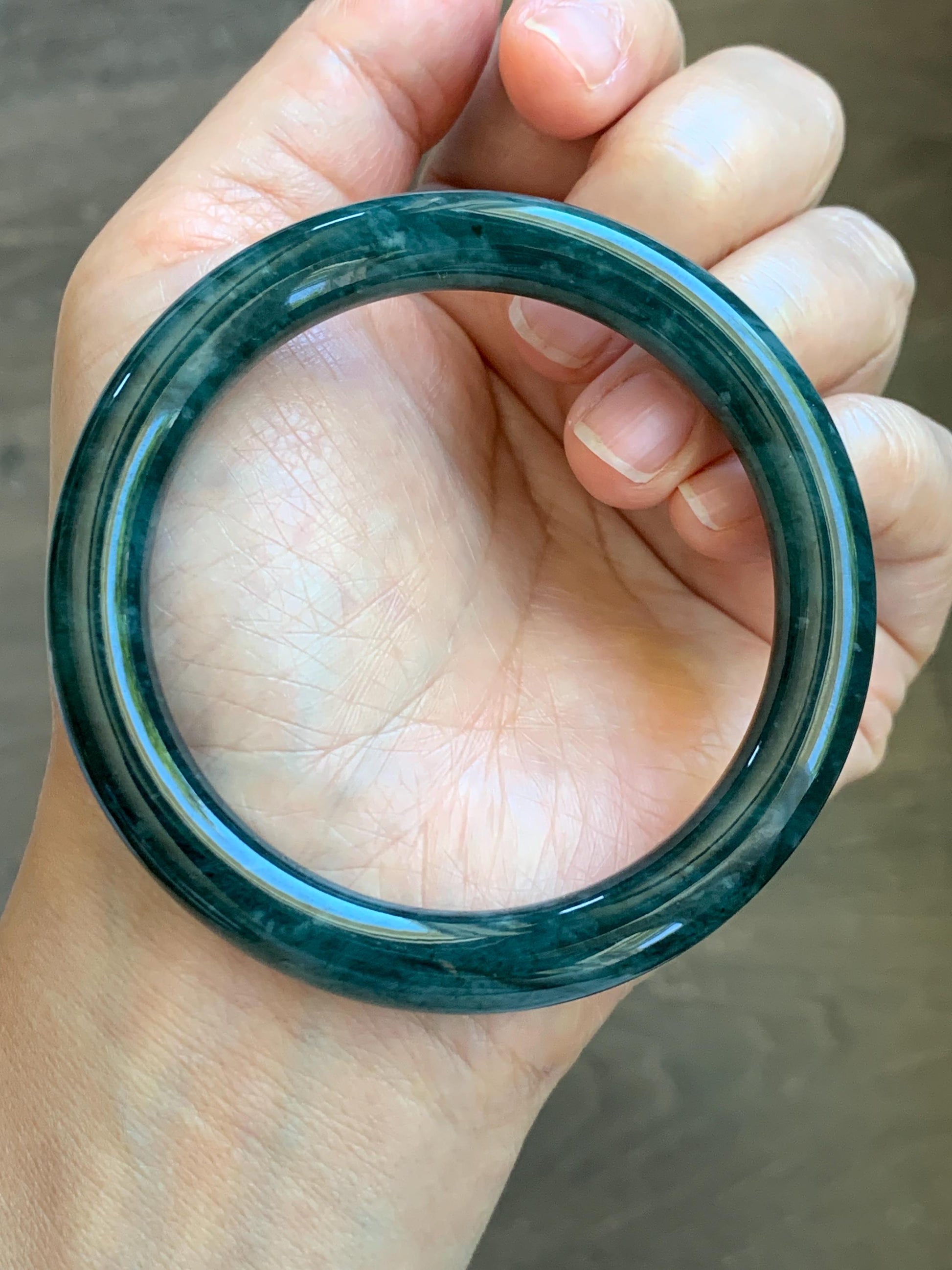 Certified Natural Grade A Guatemalan Icy Translucent Dusty Blue & Dark Green Marbled Jade Jadeite Bangle 56.6mm 7” 44g 天然冰危蓝绿飘花翡翠圆条手镯 216