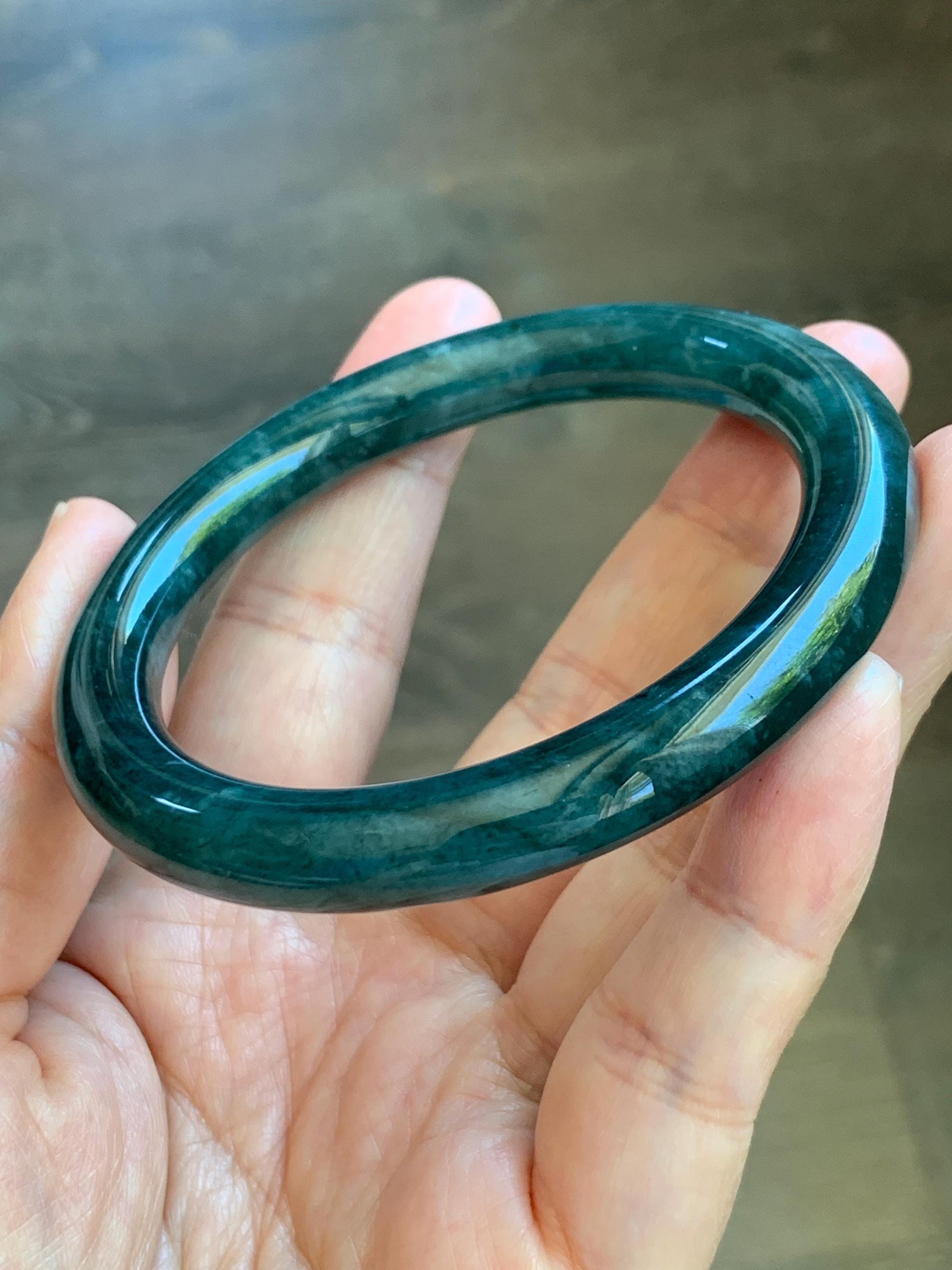 Certified Natural Grade A Guatemalan Icy Translucent Dusty Blue & Dark Green Marbled Jade Jadeite Bangle 56.6mm 7” 44g 天然冰危蓝绿飘花翡翠圆条手镯 216