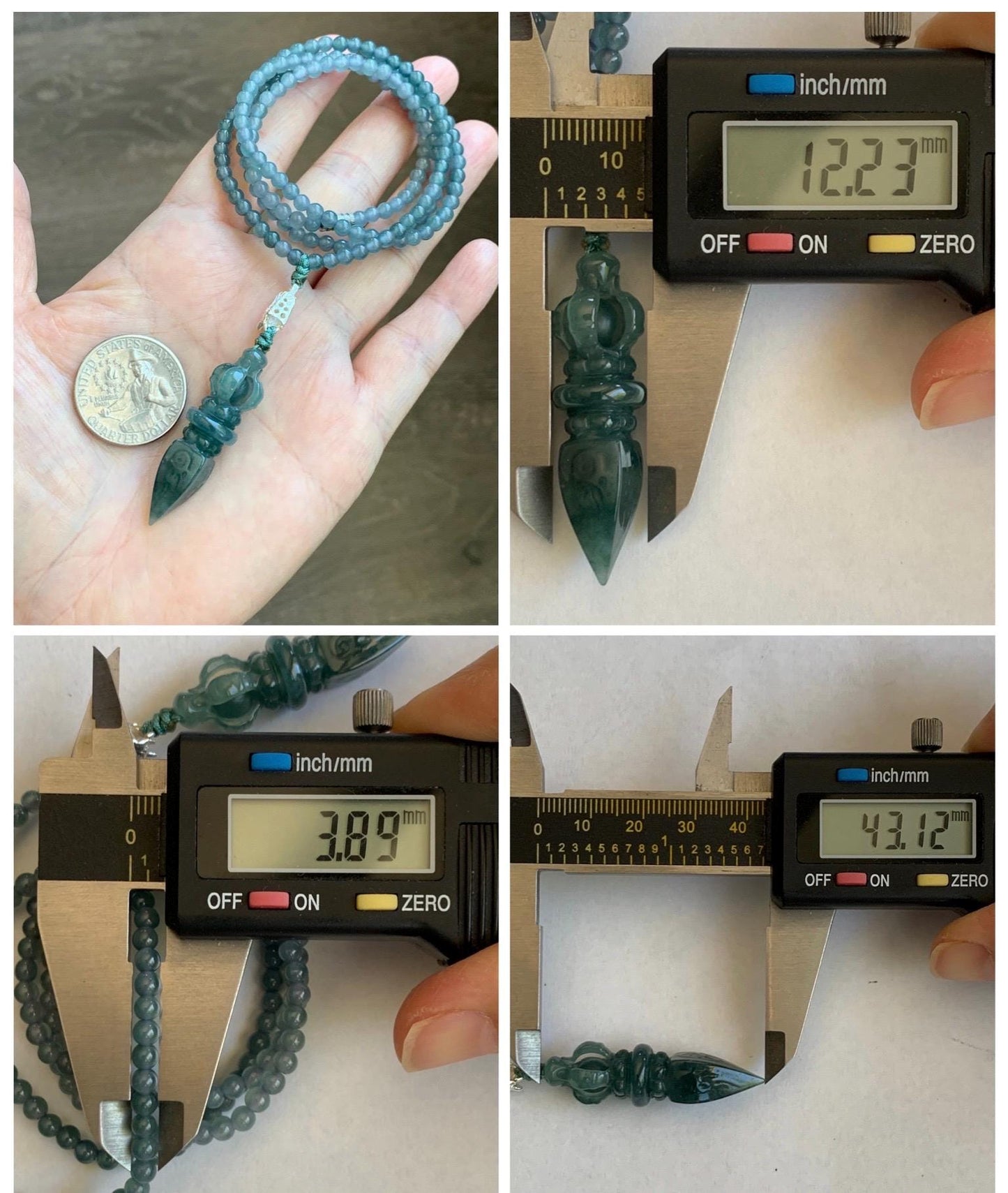 Natural Grade A Guatemalan Icy Translucent Dark Teal Blue Jade Jadeite Carved Vajra Pendant Beaded Necklace 23.25” 天然冰危蓝翡翠降魔杵吊坠珠链项链 WLX258