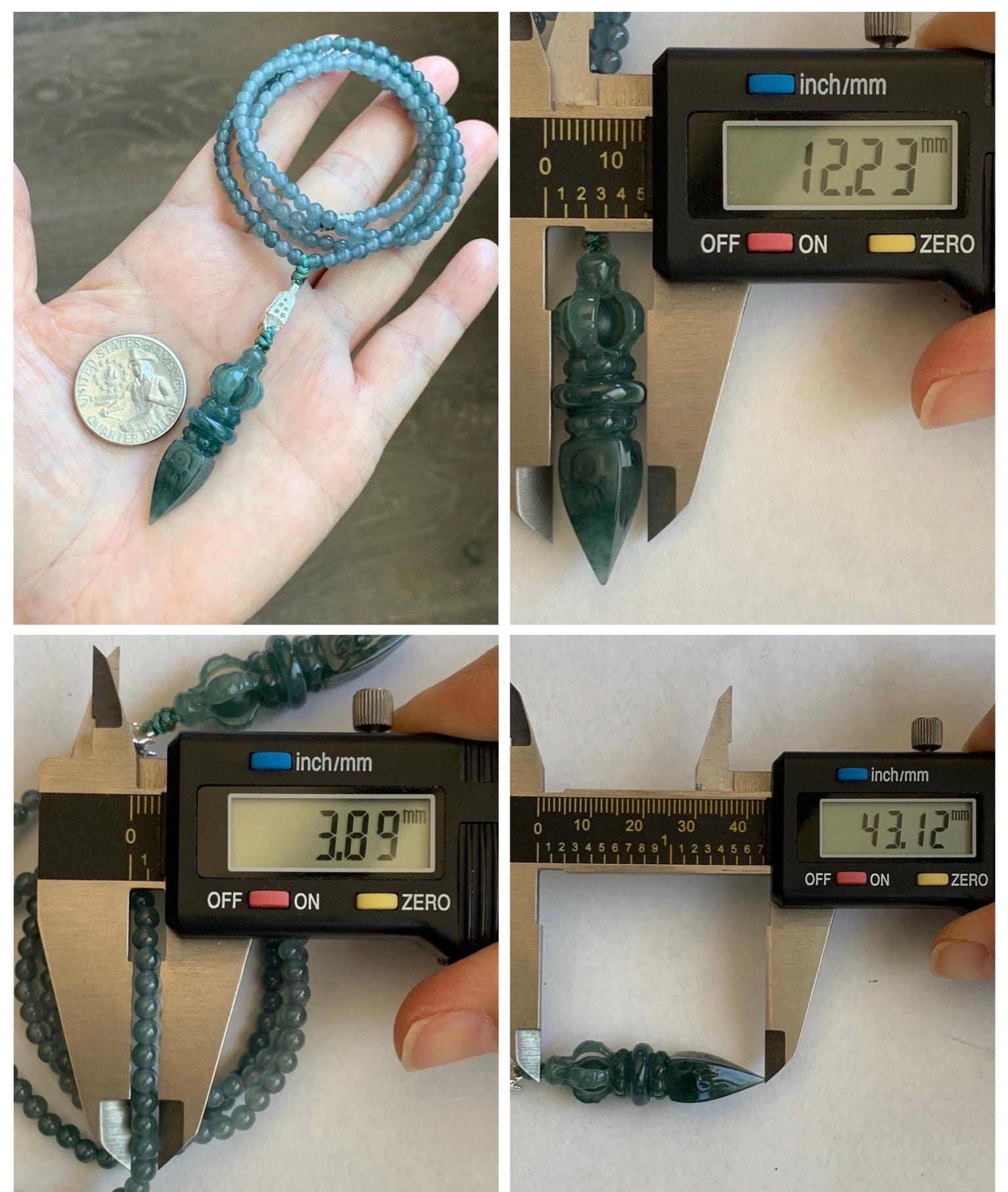 Natural Grade A Guatemalan Icy Translucent Dark Teal Blue Jade Jadeite Carved Vajra Pendant Beaded Necklace 23.25” 天然冰危蓝翡翠降魔杵吊坠珠链项链 WLX258