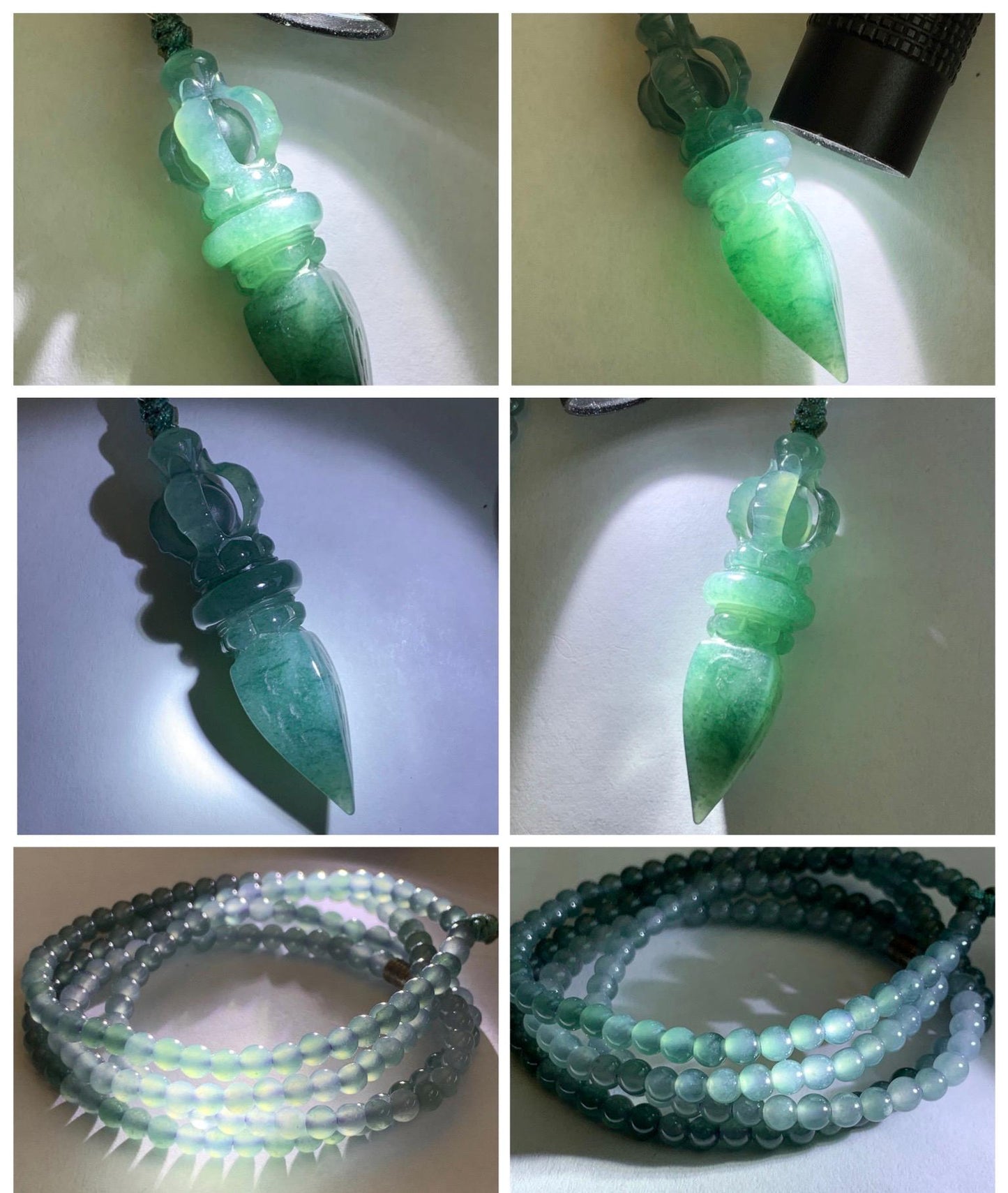 Natural Grade A Guatemalan Icy Translucent Dark Teal Blue Jade Jadeite Carved Vajra Pendant Beaded Necklace 23.25” 天然冰危蓝翡翠降魔杵吊坠珠链项链 WLX258
