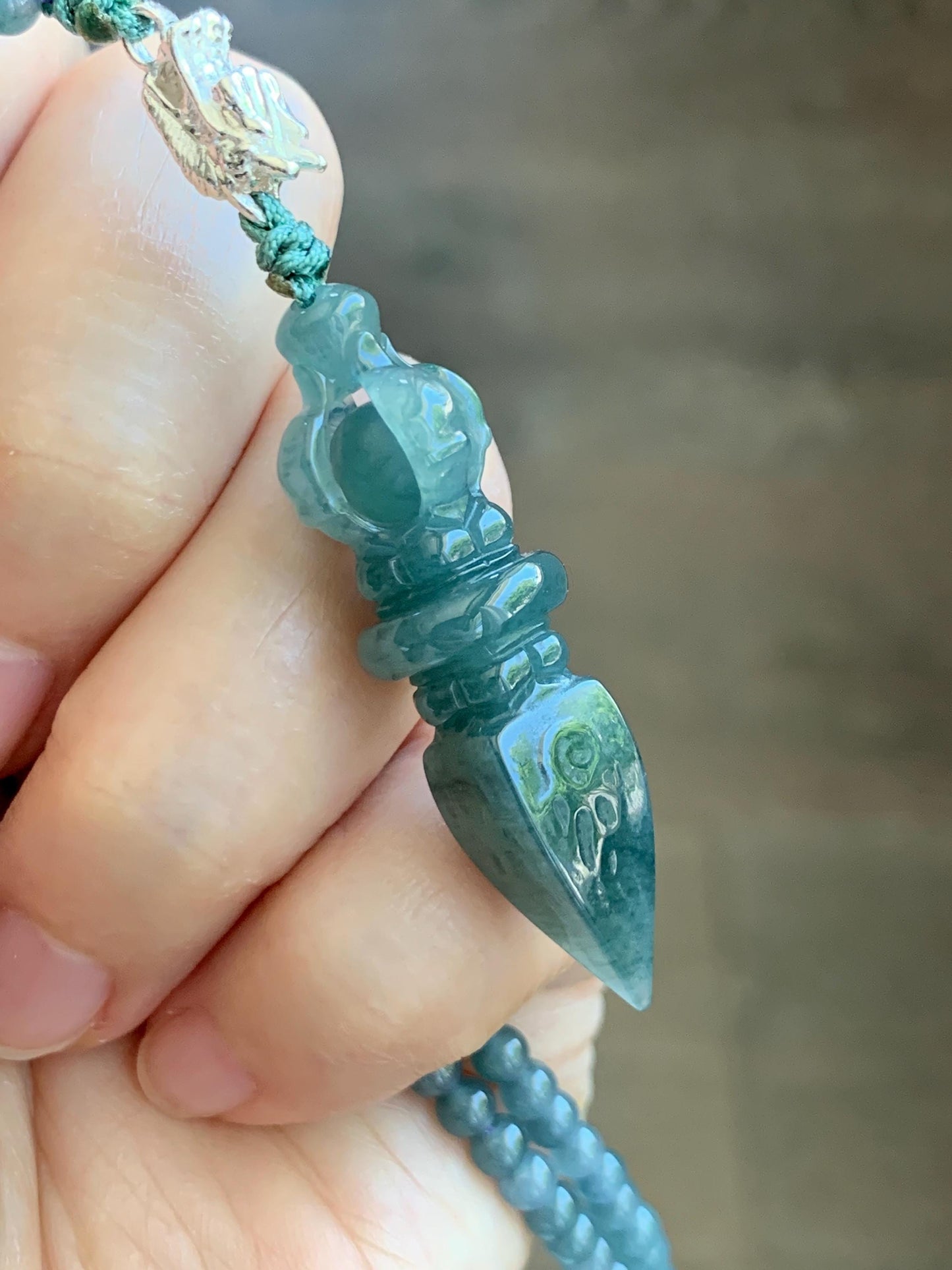 Natural Grade A Guatemalan Icy Translucent Dark Teal Blue Jade Jadeite Carved Vajra Pendant Beaded Necklace 23.25” 天然冰危蓝翡翠降魔杵吊坠珠链项链 WLX258