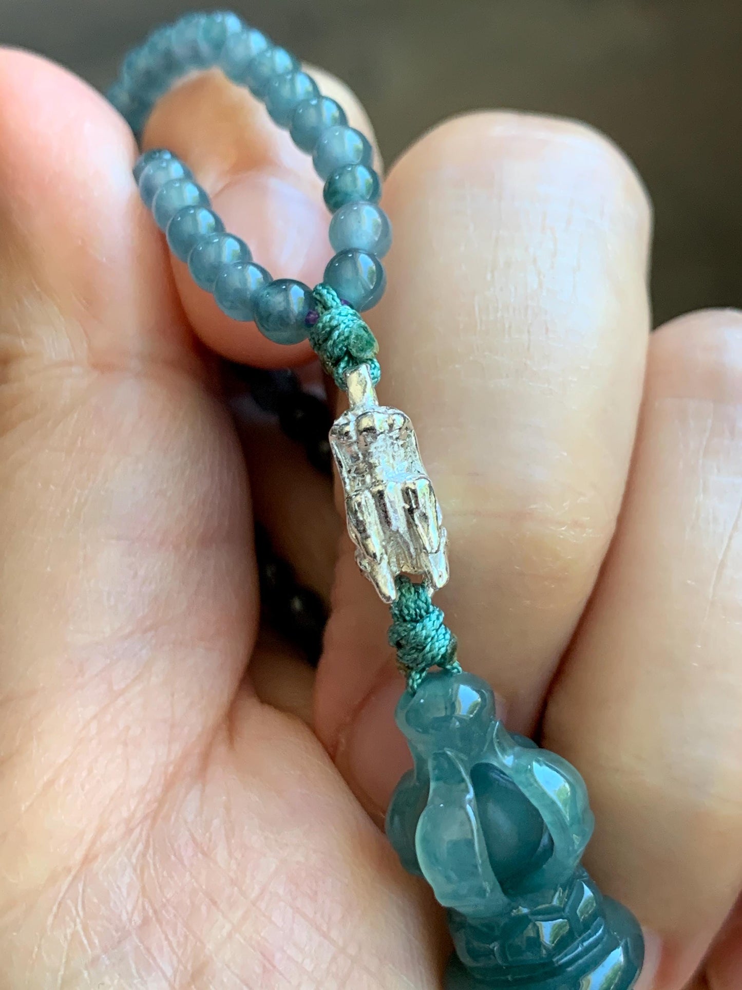Natural Grade A Guatemalan Icy Translucent Dark Teal Blue Jade Jadeite Carved Vajra Pendant Beaded Necklace 23.25” 天然冰危蓝翡翠降魔杵吊坠珠链项链 WLX258