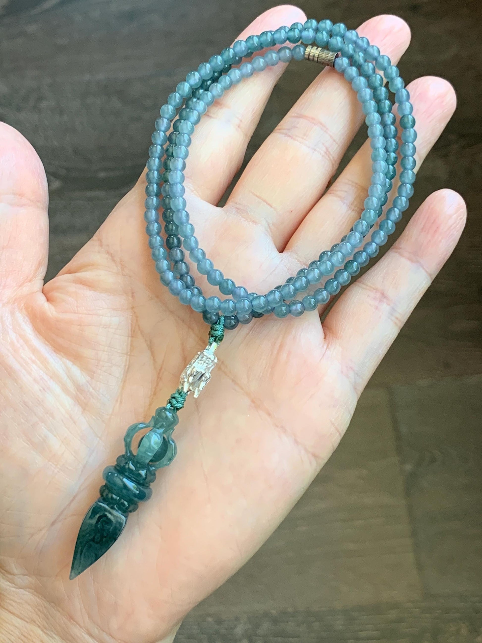 Natural Grade A Guatemalan Icy Translucent Dark Teal Blue Jade Jadeite Carved Vajra Pendant Beaded Necklace 23.25” 天然冰危蓝翡翠降魔杵吊坠珠链项链 WLX258