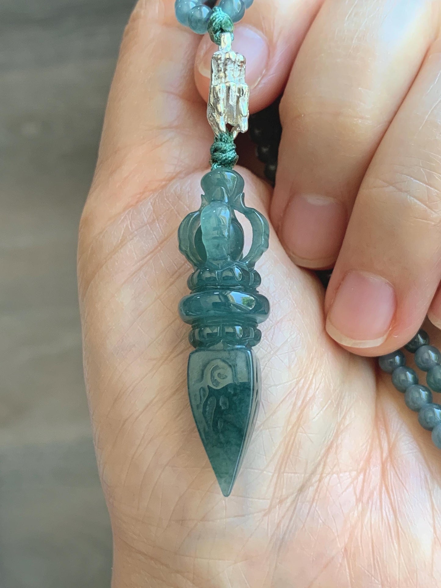 Natural Grade A Guatemalan Icy Translucent Dark Teal Blue Jade Jadeite Carved Vajra Pendant Beaded Necklace 23.25” 天然冰危蓝翡翠降魔杵吊坠珠链项链 WLX258