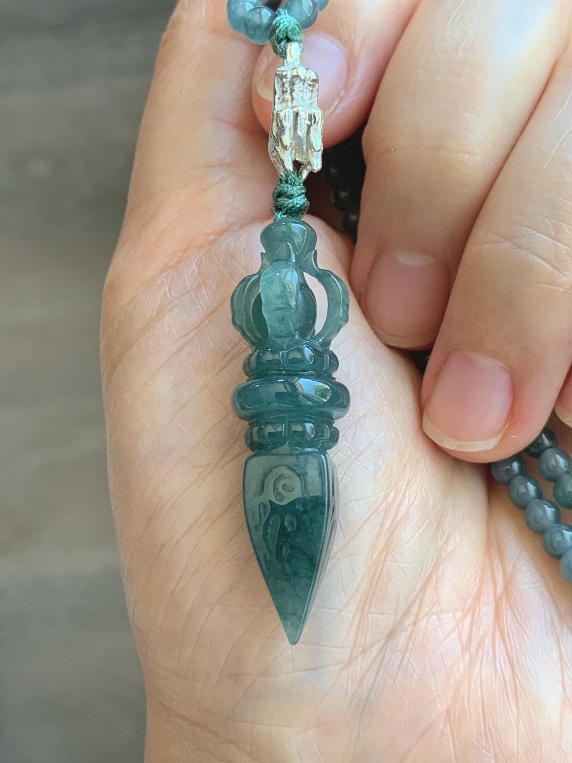 Natural Grade A Guatemalan Icy Translucent Dark Teal Blue Jade Jadeite Carved Vajra Pendant Beaded Necklace 23.25” 天然冰危蓝翡翠降魔杵吊坠珠链项链 WLX258