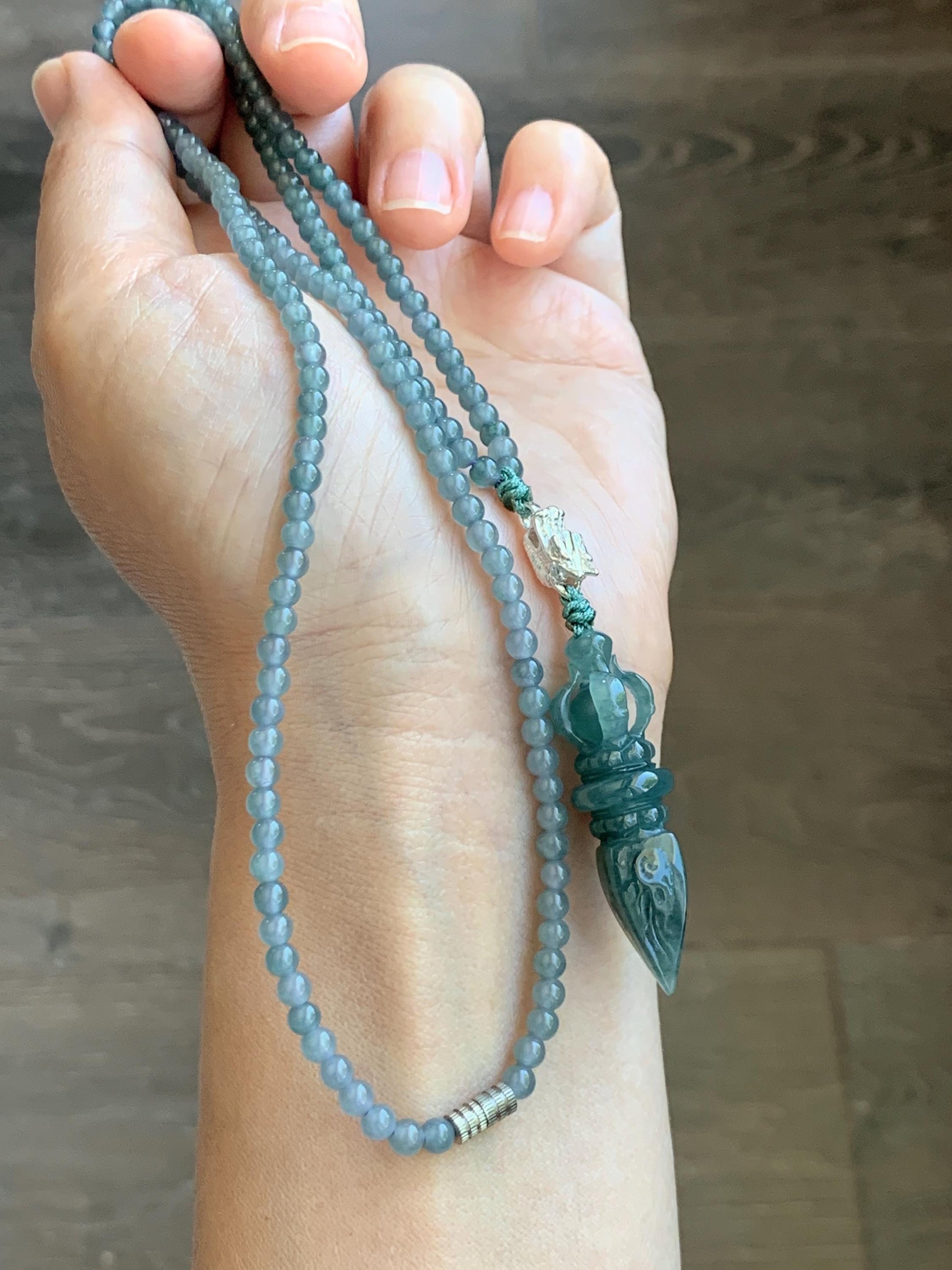 Natural Grade A Guatemalan Icy Translucent Dark Teal Blue Jade Jadeite Carved Vajra Pendant Beaded Necklace 23.25” 天然冰危蓝翡翠降魔杵吊坠珠链项链 WLX258