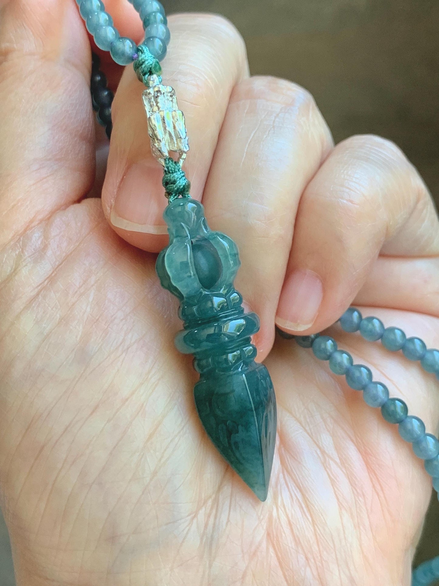 Natural Grade A Guatemalan Icy Translucent Dark Teal Blue Jade Jadeite Carved Vajra Pendant Beaded Necklace 23.25” 天然冰危蓝翡翠降魔杵吊坠珠链项链 WLX258