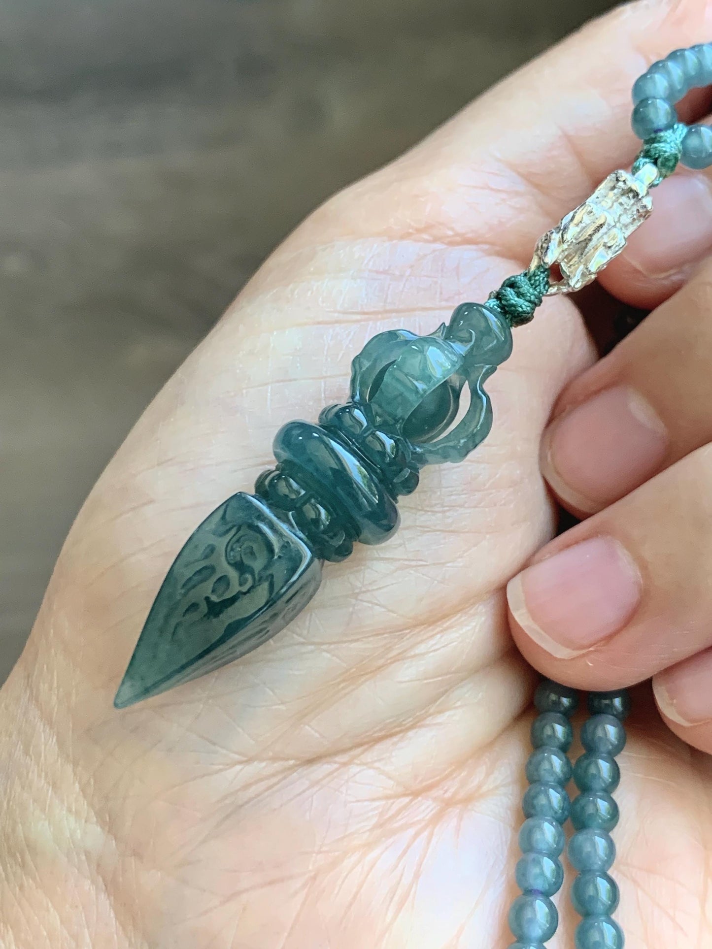 Natural Grade A Guatemalan Icy Translucent Dark Teal Blue Jade Jadeite Carved Vajra Pendant Beaded Necklace 23.25” 天然冰危蓝翡翠降魔杵吊坠珠链项链 WLX258