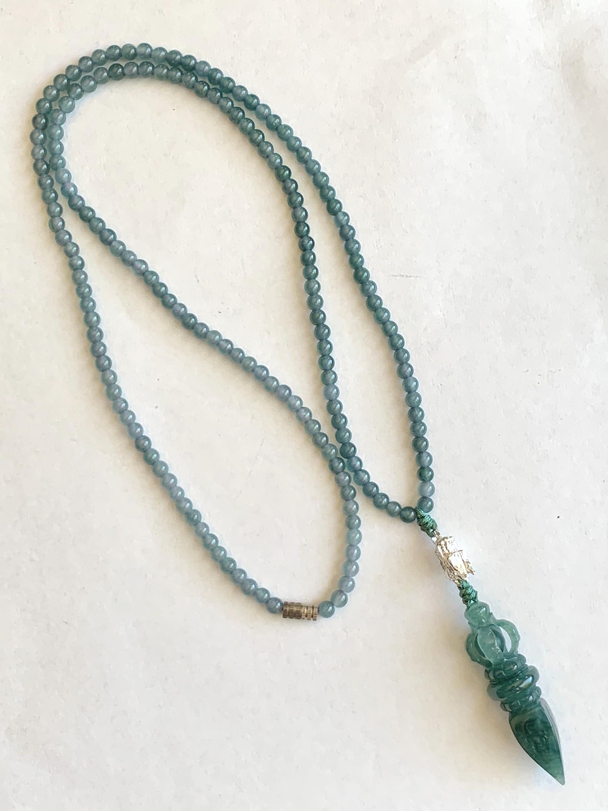 Natural Grade A Guatemalan Icy Translucent Dark Teal Blue Jade Jadeite Carved Vajra Pendant Beaded Necklace 23.25” 天然冰危蓝翡翠降魔杵吊坠珠链项链 WLX258