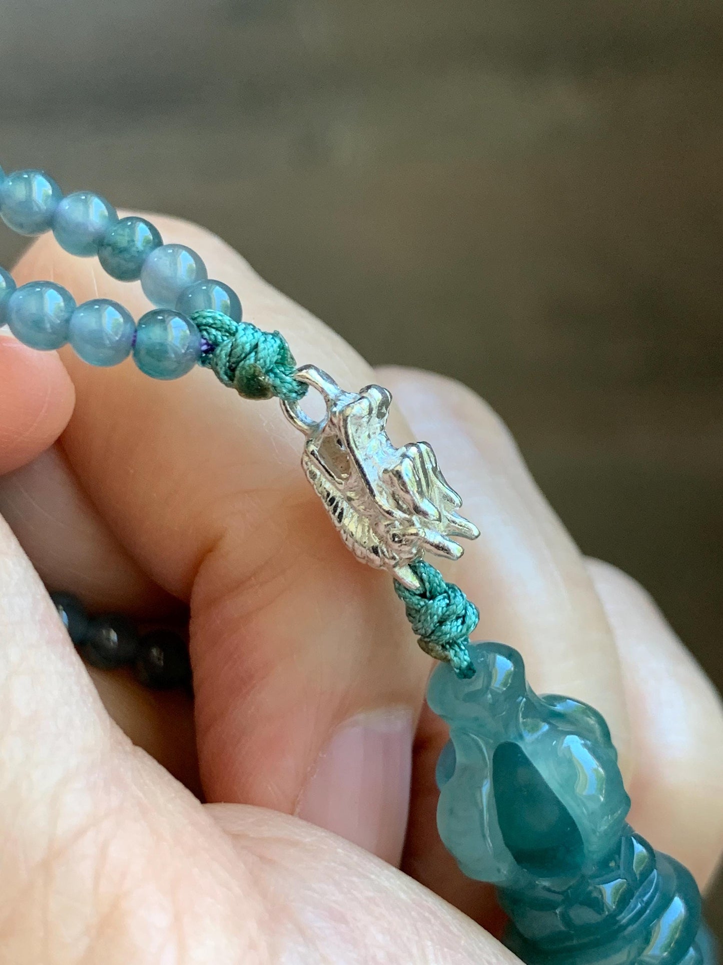 Natural Grade A Guatemalan Icy Translucent Dark Teal Blue Jade Jadeite Carved Vajra Pendant Beaded Necklace 23.25” 天然冰危蓝翡翠降魔杵吊坠珠链项链 WLX258