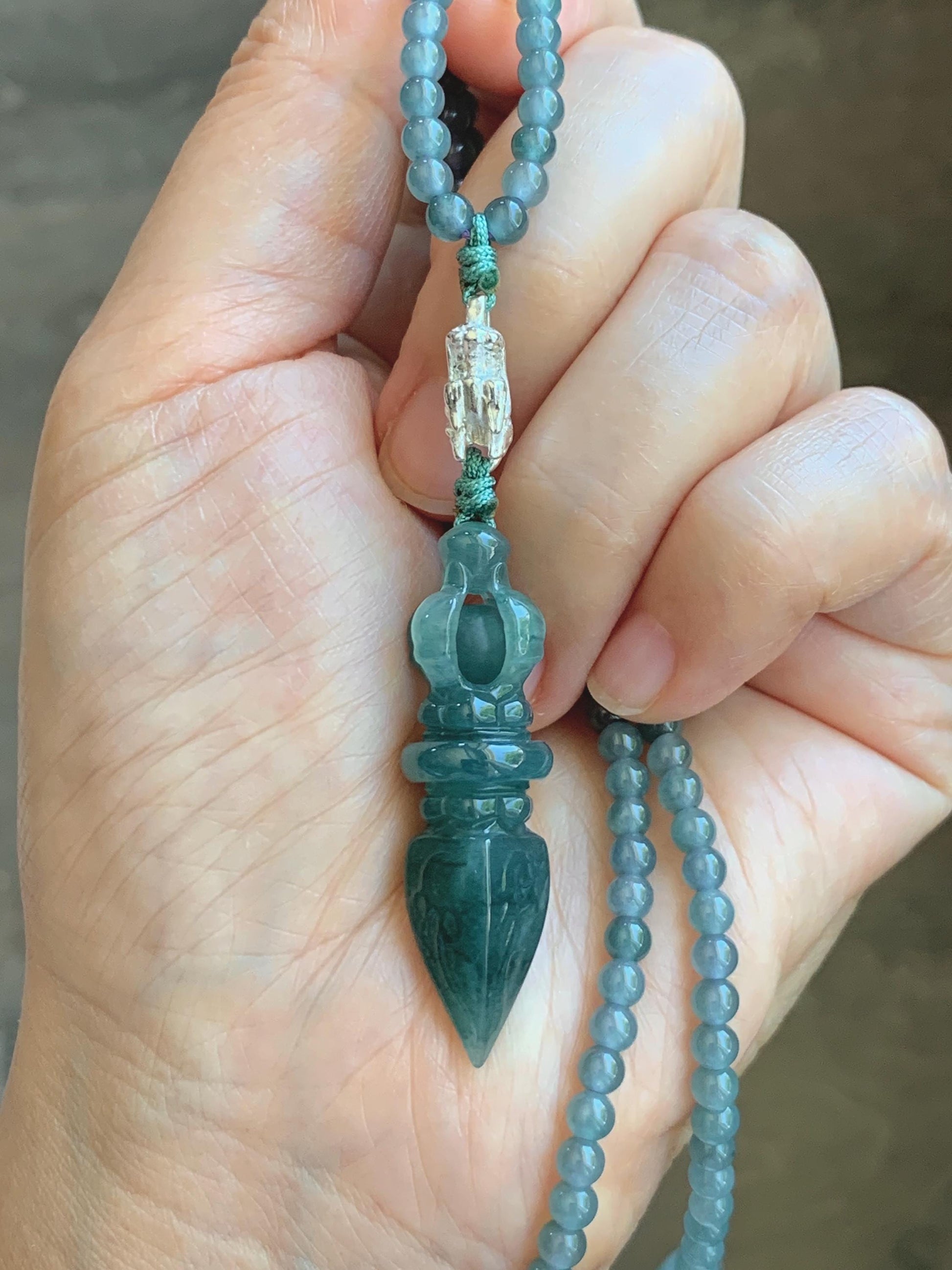 Natural Grade A Guatemalan Icy Translucent Dark Teal Blue Jade Jadeite Carved Vajra Pendant Beaded Necklace 23.25” 天然冰危蓝翡翠降魔杵吊坠珠链项链 WLX258
