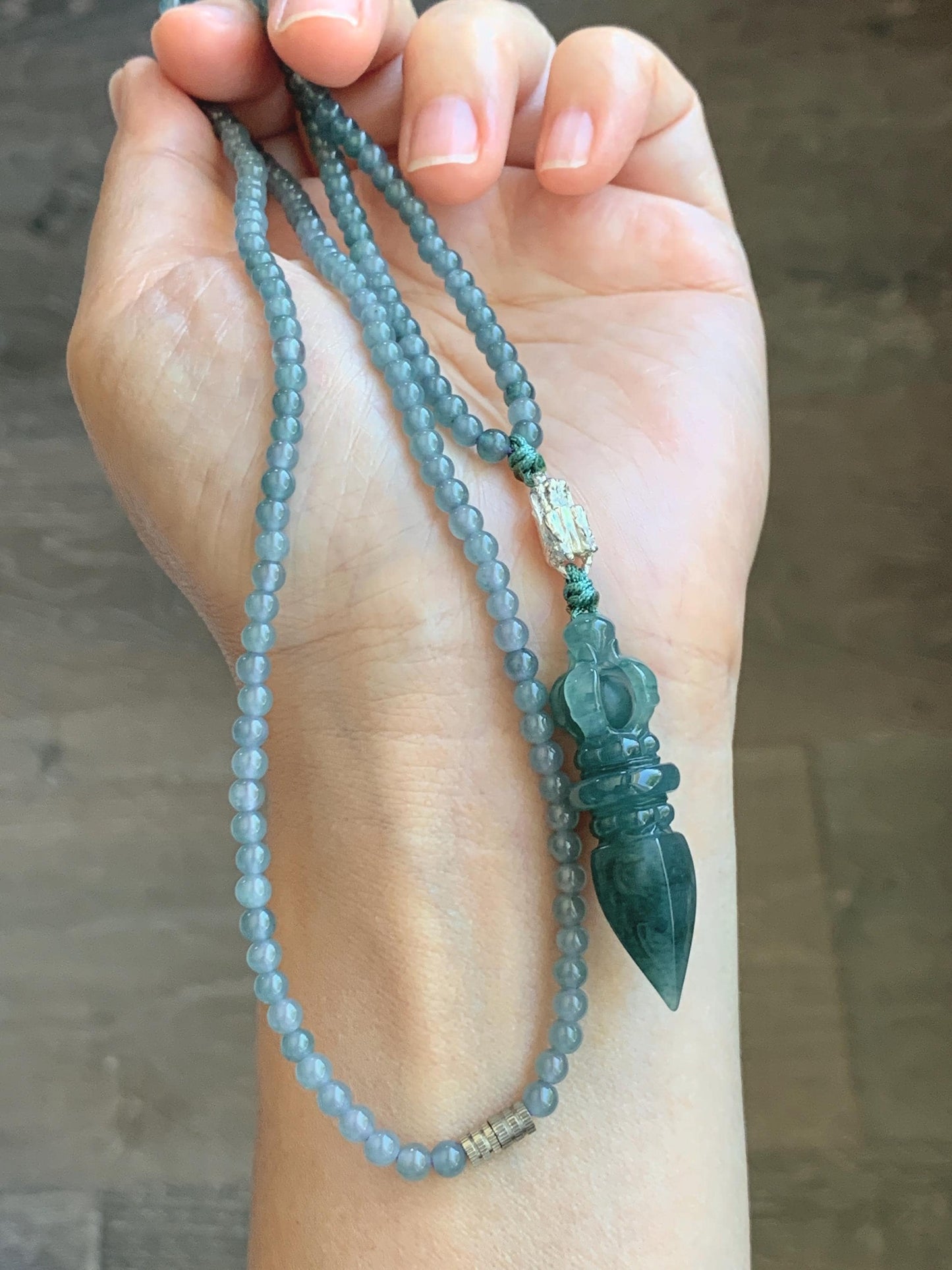 Natural Grade A Guatemalan Icy Translucent Dark Teal Blue Jade Jadeite Carved Vajra Pendant Beaded Necklace 23.25” 天然冰危蓝翡翠降魔杵吊坠珠链项链 WLX258