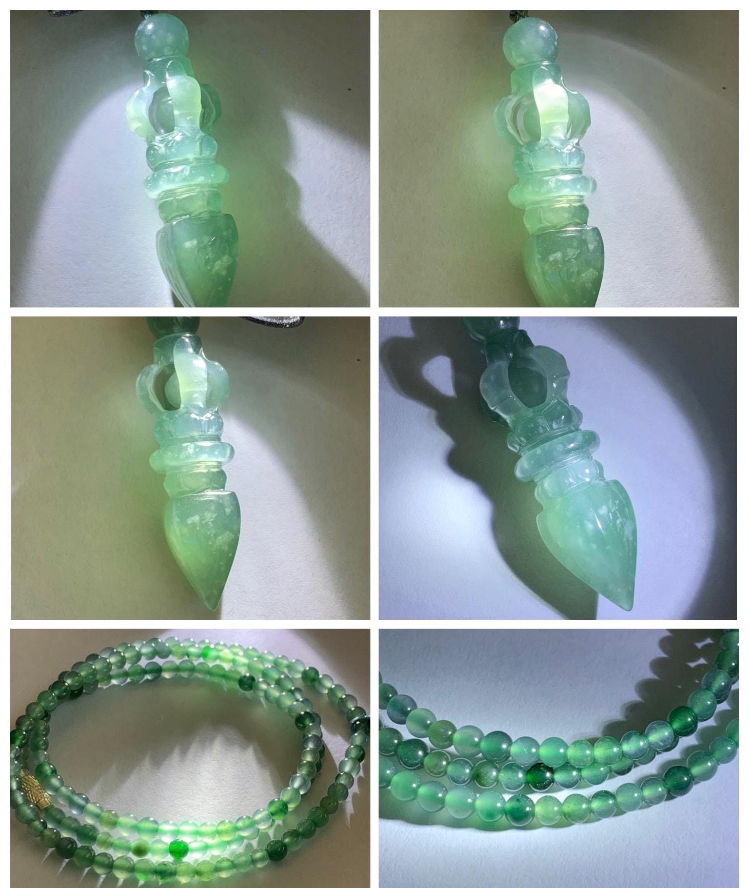 Natural Grade A Guatemalan Icy Translucent Dusty Teal Green Jade Jadeite Carved Vajra Pendant Beaded Necklace 21.5” 天然冰危蓝绿翡翠降魔杵吊坠珠链项链 WUX298