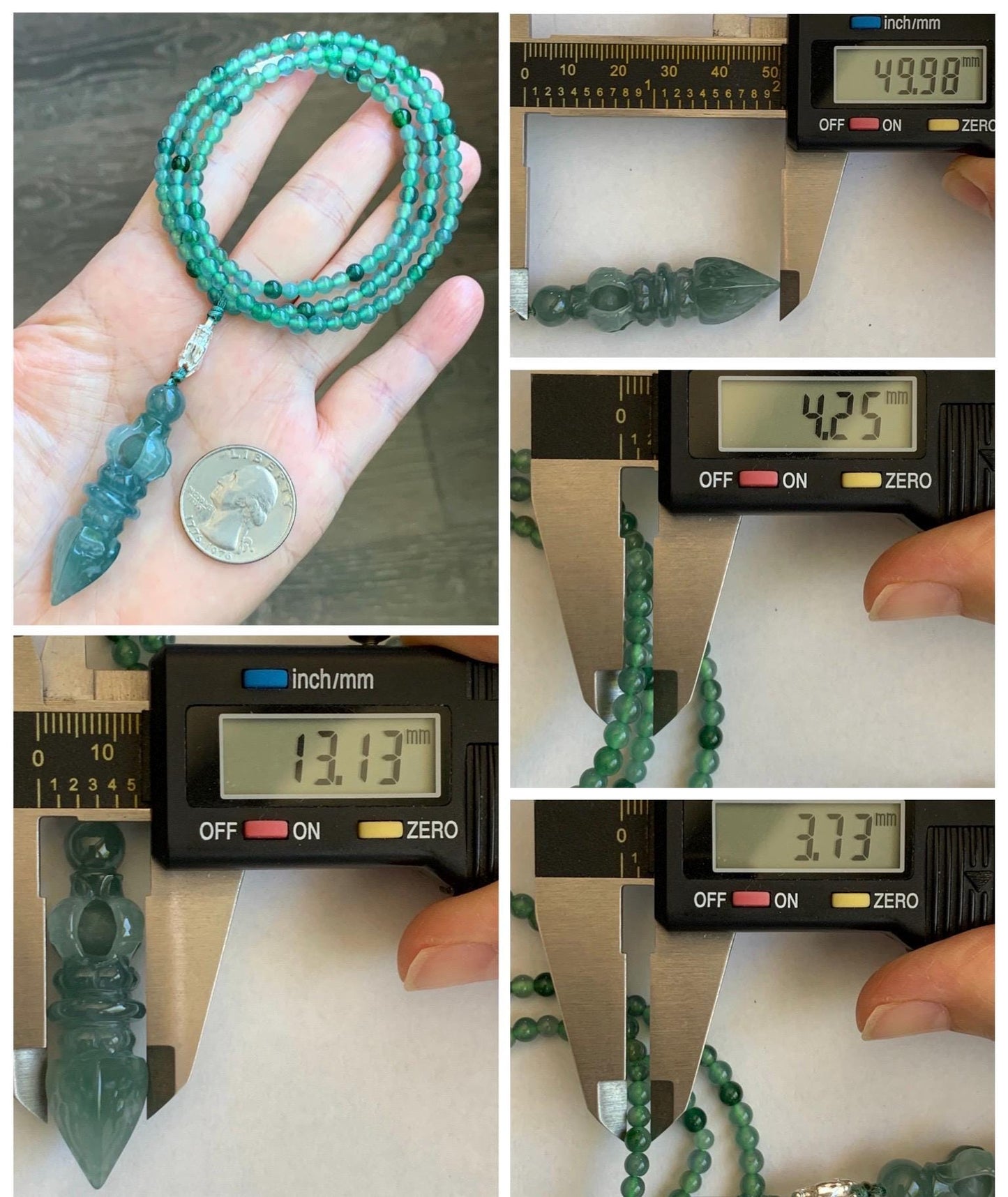 Natural Grade A Guatemalan Icy Translucent Dusty Teal Green Jade Jadeite Carved Vajra Pendant Beaded Necklace 21.5” 天然冰危蓝绿翡翠降魔杵吊坠珠链项链 WUX298