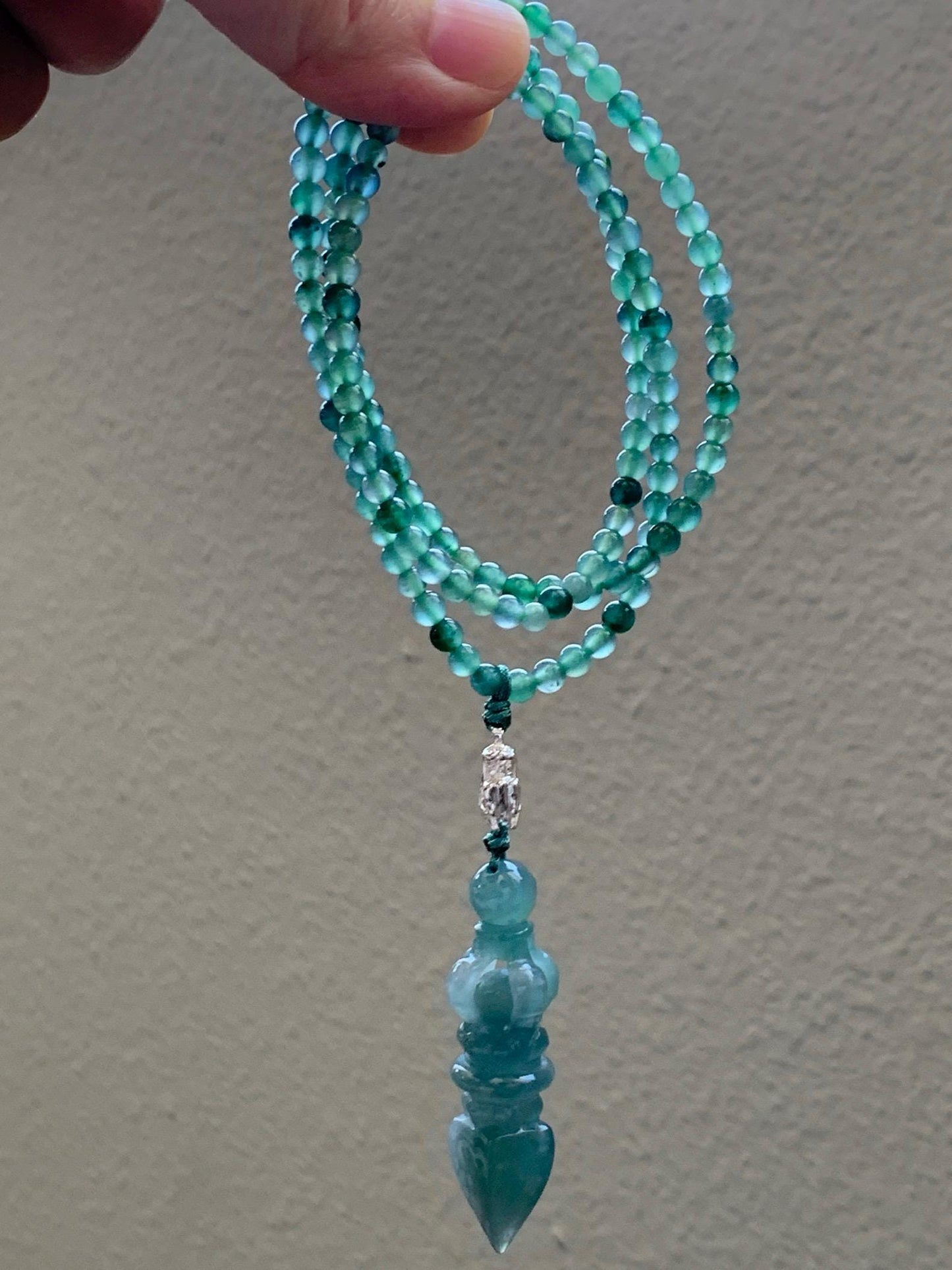 Natural Grade A Guatemalan Icy Translucent Dusty Teal Green Jade Jadeite Carved Vajra Pendant Beaded Necklace 21.5” 天然冰危蓝绿翡翠降魔杵吊坠珠链项链 WUX298