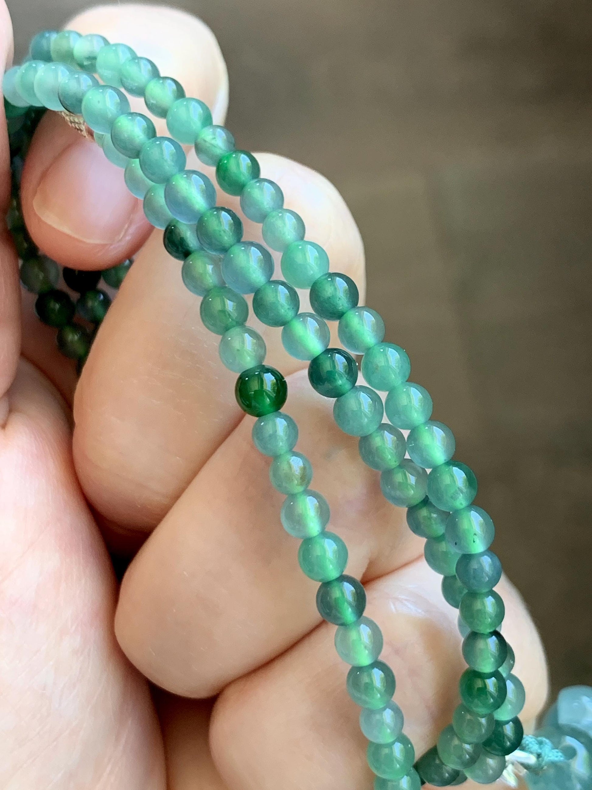 Natural Grade A Guatemalan Icy Translucent Dusty Teal Green Jade Jadeite Carved Vajra Pendant Beaded Necklace 21.5” 天然冰危蓝绿翡翠降魔杵吊坠珠链项链 WUX298