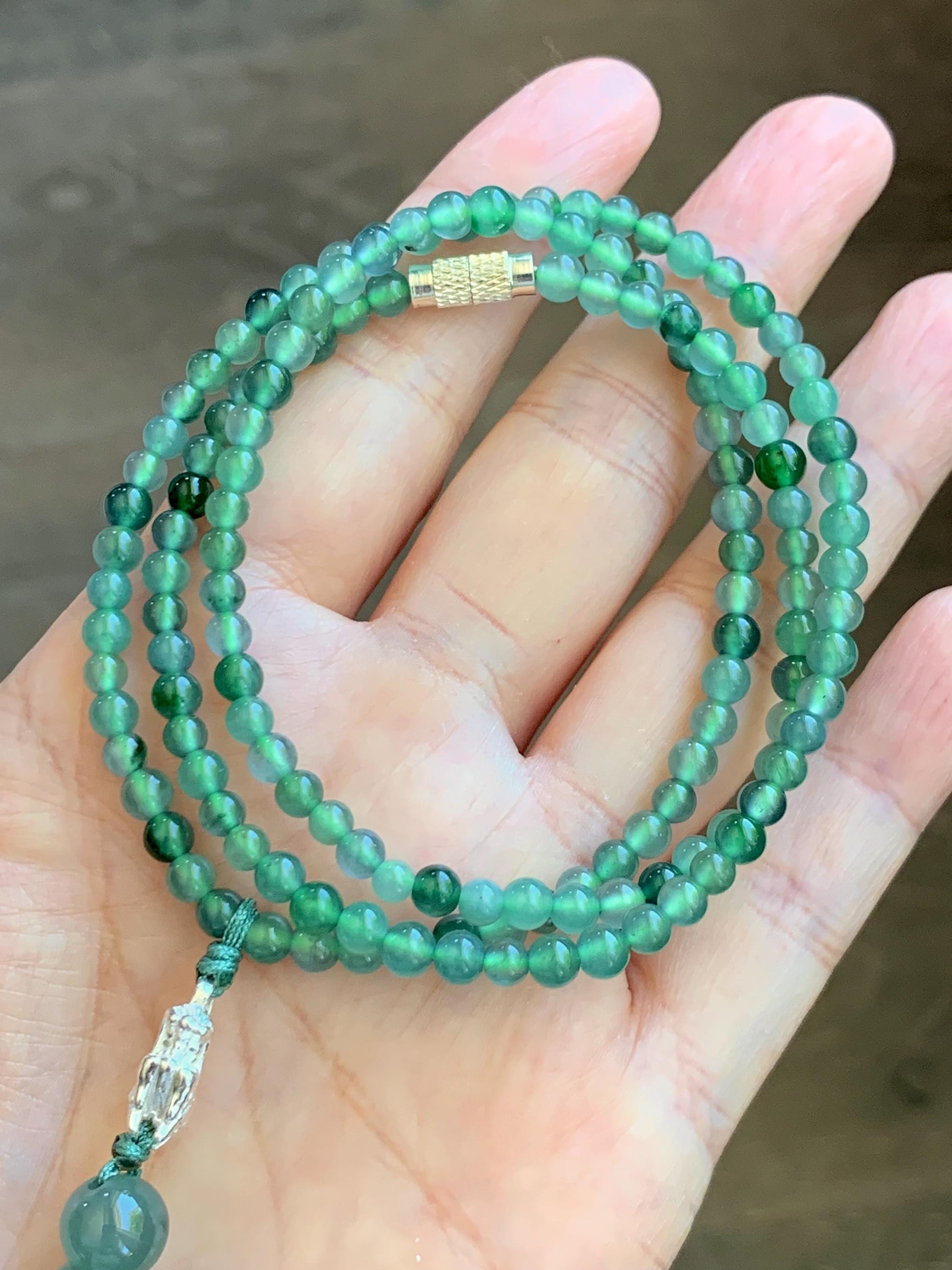 Natural Grade A Guatemalan Icy Translucent Dusty Teal Green Jade Jadeite Carved Vajra Pendant Beaded Necklace 21.5” 天然冰危蓝绿翡翠降魔杵吊坠珠链项链 WUX298