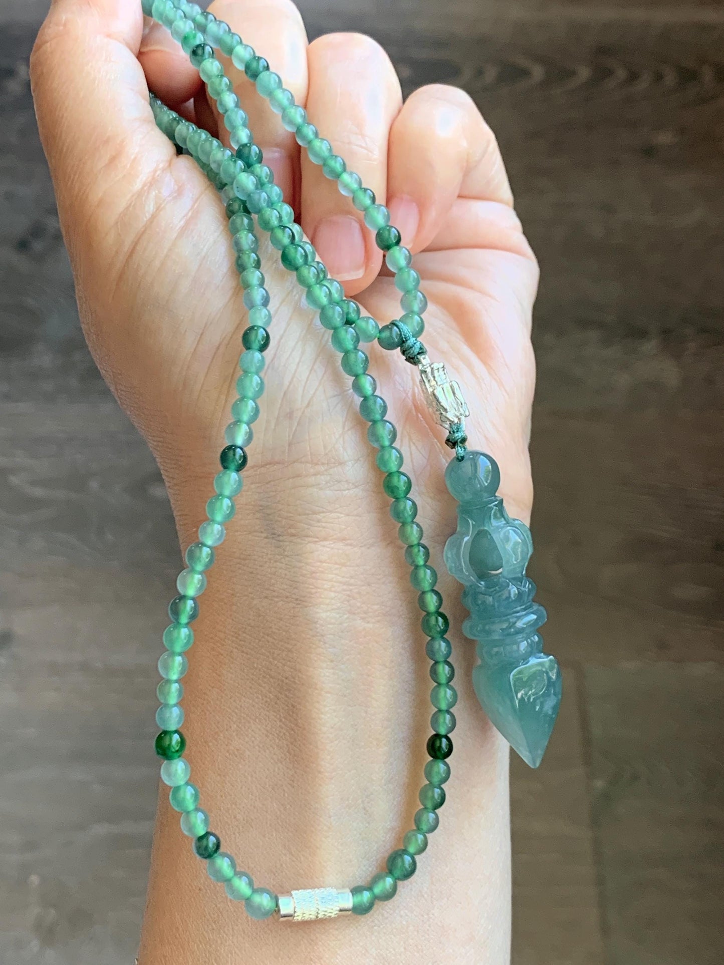 Natural Grade A Guatemalan Icy Translucent Dusty Teal Green Jade Jadeite Carved Vajra Pendant Beaded Necklace 21.5” 天然冰危蓝绿翡翠降魔杵吊坠珠链项链 WUX298