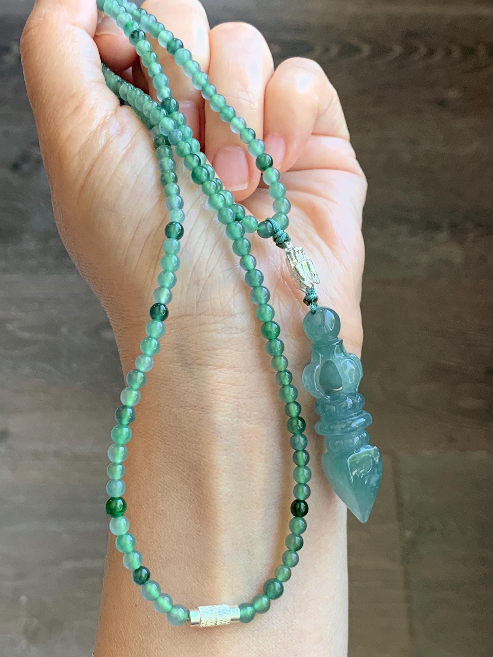 Natural Grade A Guatemalan Icy Translucent Dusty Teal Green Jade Jadeite Carved Vajra Pendant Beaded Necklace 21.5” 天然冰危蓝绿翡翠降魔杵吊坠珠链项链 WUX298