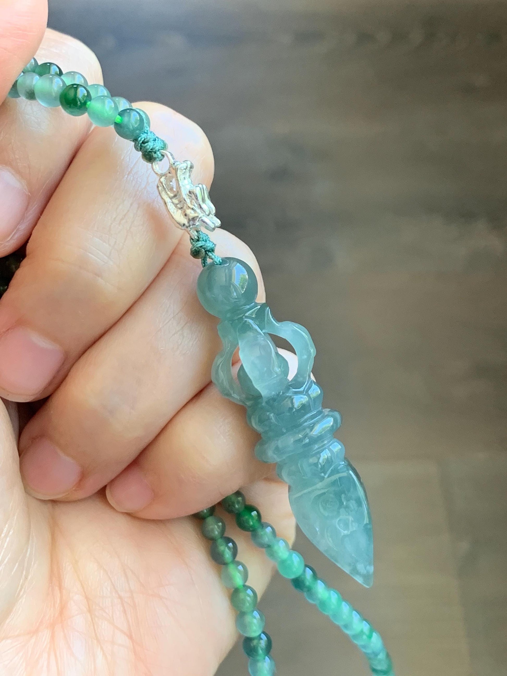 Natural Grade A Guatemalan Icy Translucent Dusty Teal Green Jade Jadeite Carved Vajra Pendant Beaded Necklace 21.5” 天然冰危蓝绿翡翠降魔杵吊坠珠链项链 WUX298