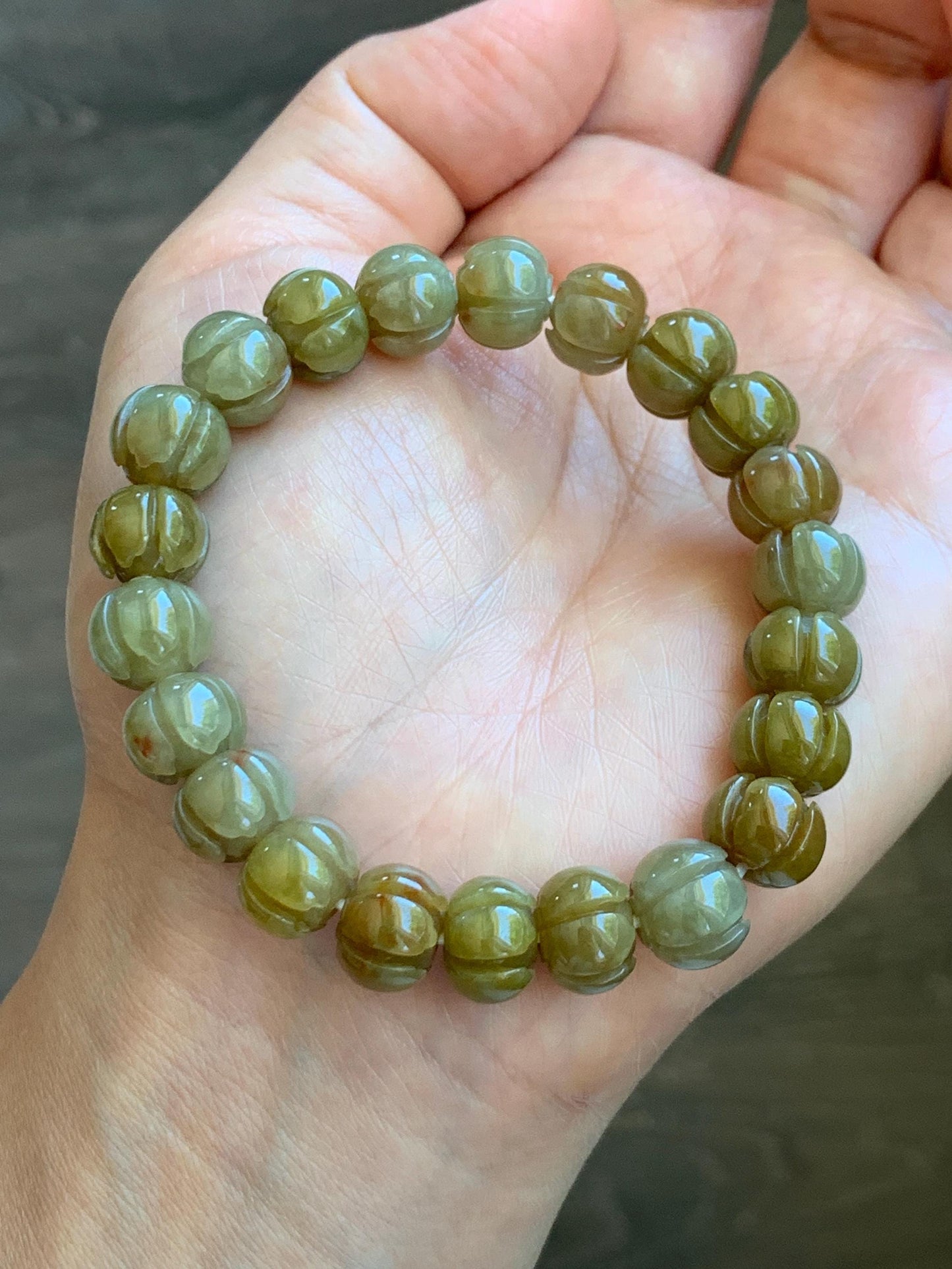 Certified Natural Grade A Icy Translucent Deep Yellow Jade Jadeite Carved Lotus Flower Beads Beaded Bracelet 7” 32.33g 天然冰胶满黄翡翠莲花珠手串 1104
