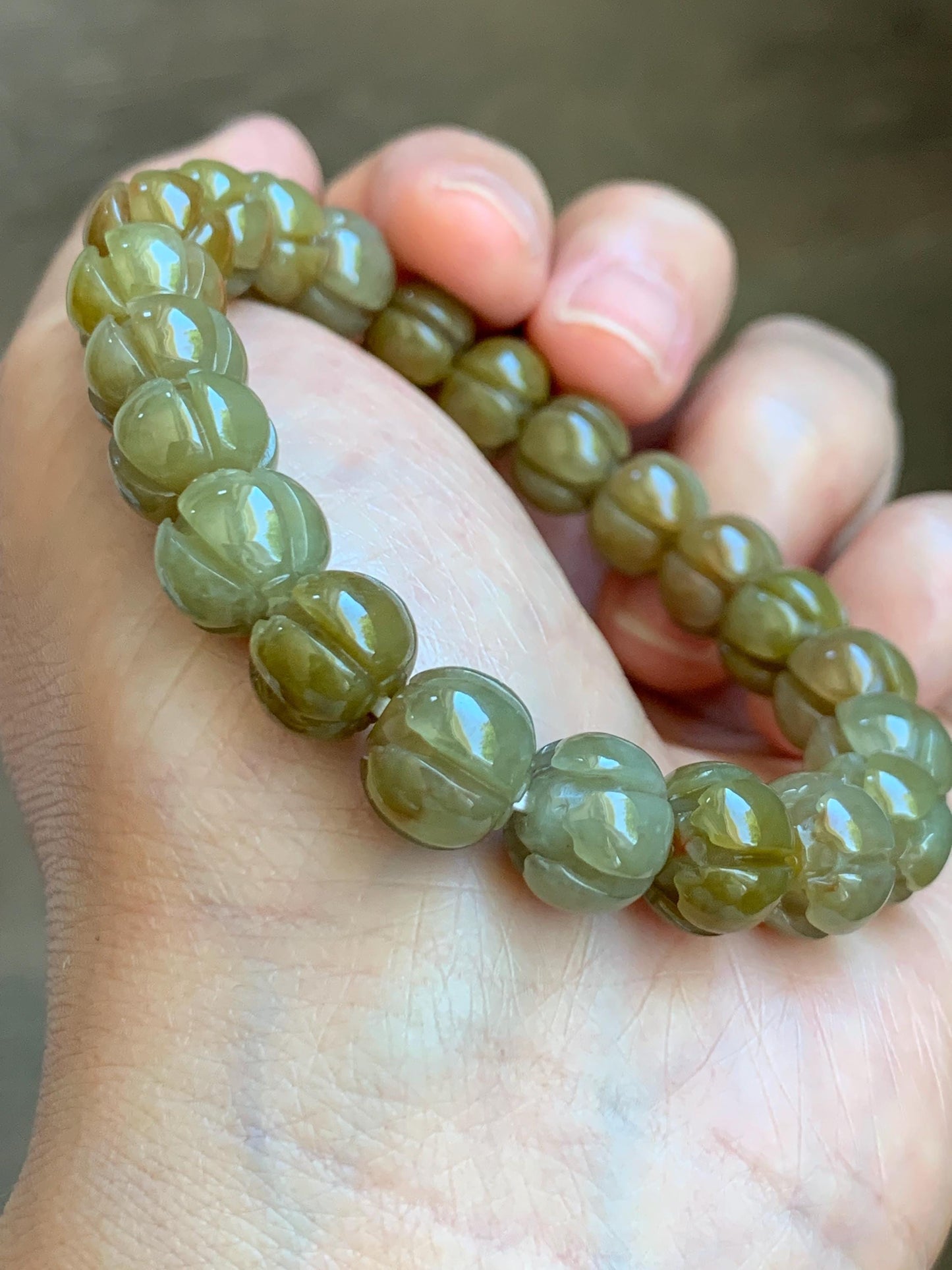 Certified Natural Grade A Icy Translucent Deep Yellow Jade Jadeite Carved Lotus Flower Beads Beaded Bracelet 7” 32.33g 天然冰胶满黄翡翠莲花珠手串 1104