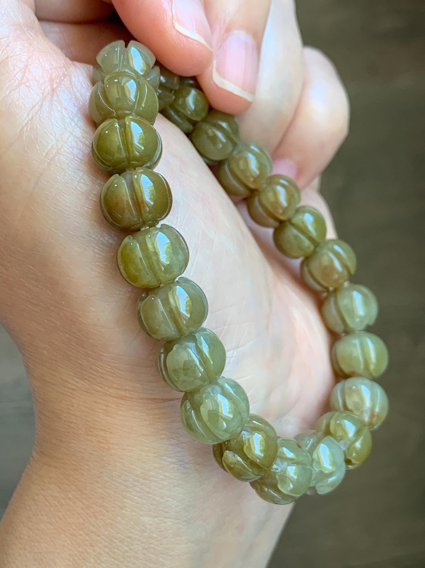 Certified Natural Grade A Icy Translucent Deep Yellow Jade Jadeite Carved Lotus Flower Beads Beaded Bracelet 7” 32.33g 天然冰胶满黄翡翠莲花珠手串 1104