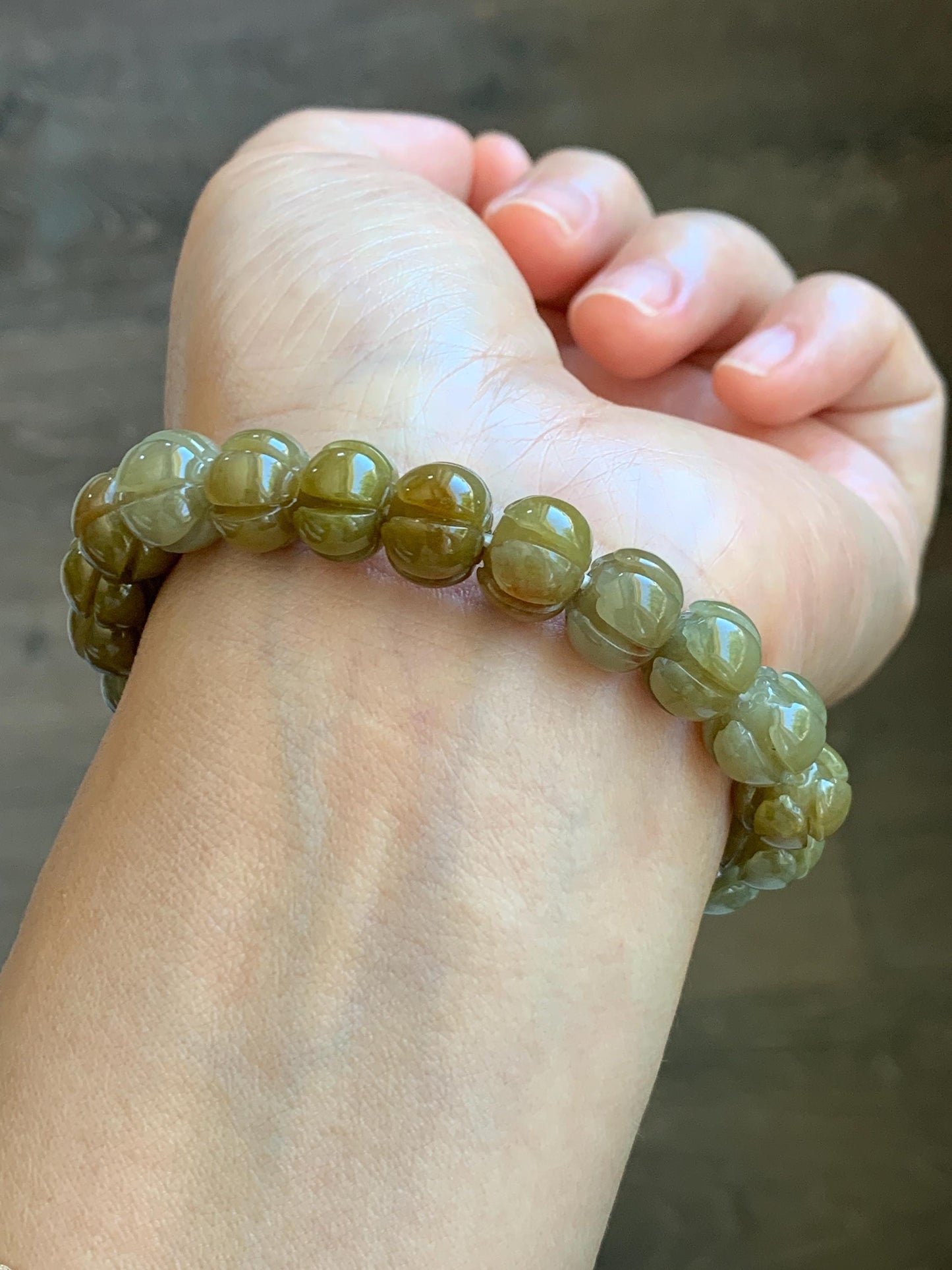Certified Natural Grade A Icy Translucent Deep Yellow Jade Jadeite Carved Lotus Flower Beads Beaded Bracelet 7” 32.33g 天然冰胶满黄翡翠莲花珠手串 1104