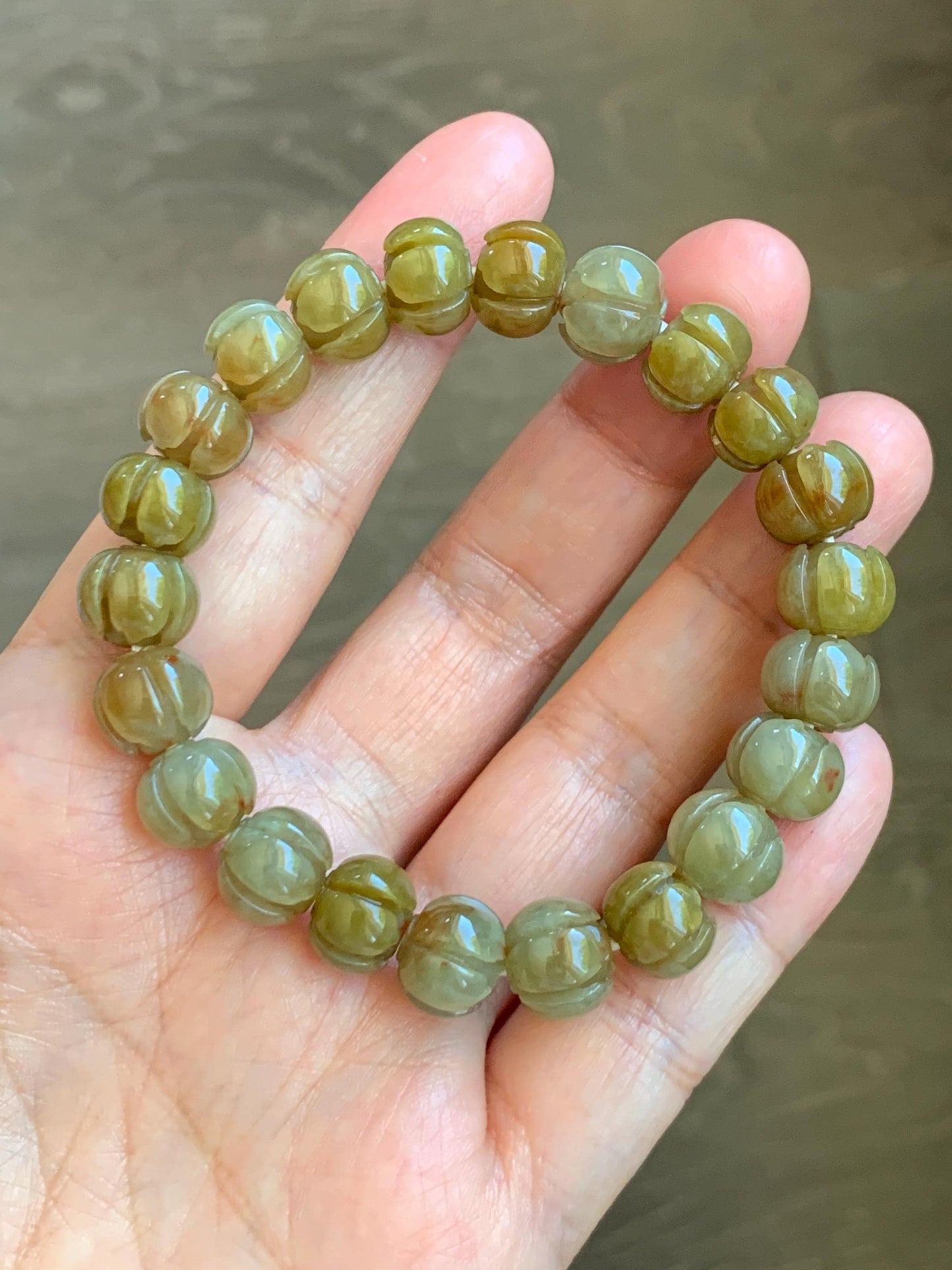 Certified Natural Grade A Icy Translucent Deep Yellow Jade Jadeite Carved Lotus Flower Beads Beaded Bracelet 7” 32.33g 天然冰胶满黄翡翠莲花珠手串 1104