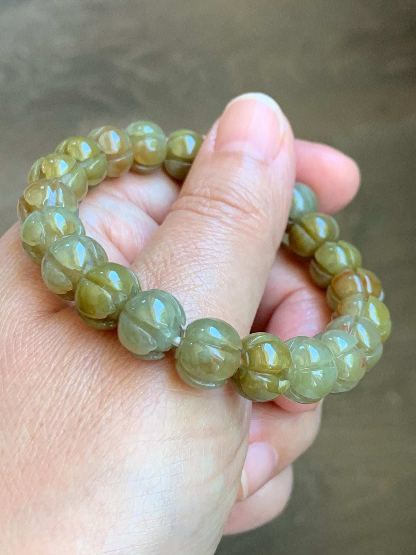 Certified Natural Grade A Icy Translucent Deep Yellow Jade Jadeite Carved Lotus Flower Beads Beaded Bracelet 7” 32.33g 天然冰胶满黄翡翠莲花珠手串 1104