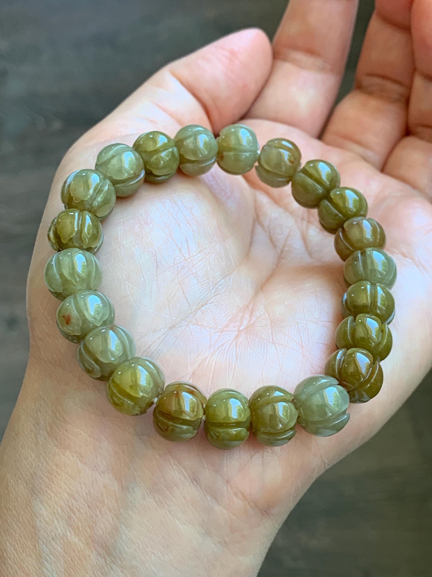Certified Natural Grade A Icy Translucent Deep Yellow Jade Jadeite Carved Lotus Flower Beads Beaded Bracelet 7” 32.33g 天然冰胶满黄翡翠莲花珠手串 1104