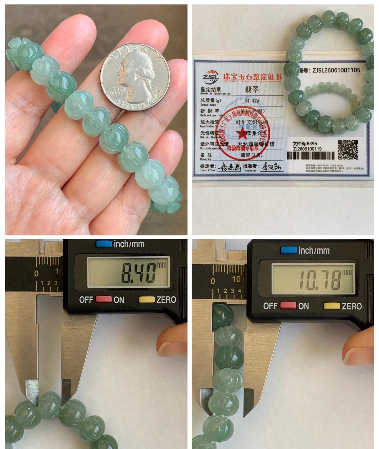 Certified Natural Grade A Icy Translucent Light Green Jade Jadeite Carved Lotus Flower Beads Beaded Bracelet 7” 34.47g 天然冰胶晴色翡翠莲花珠手串 1105