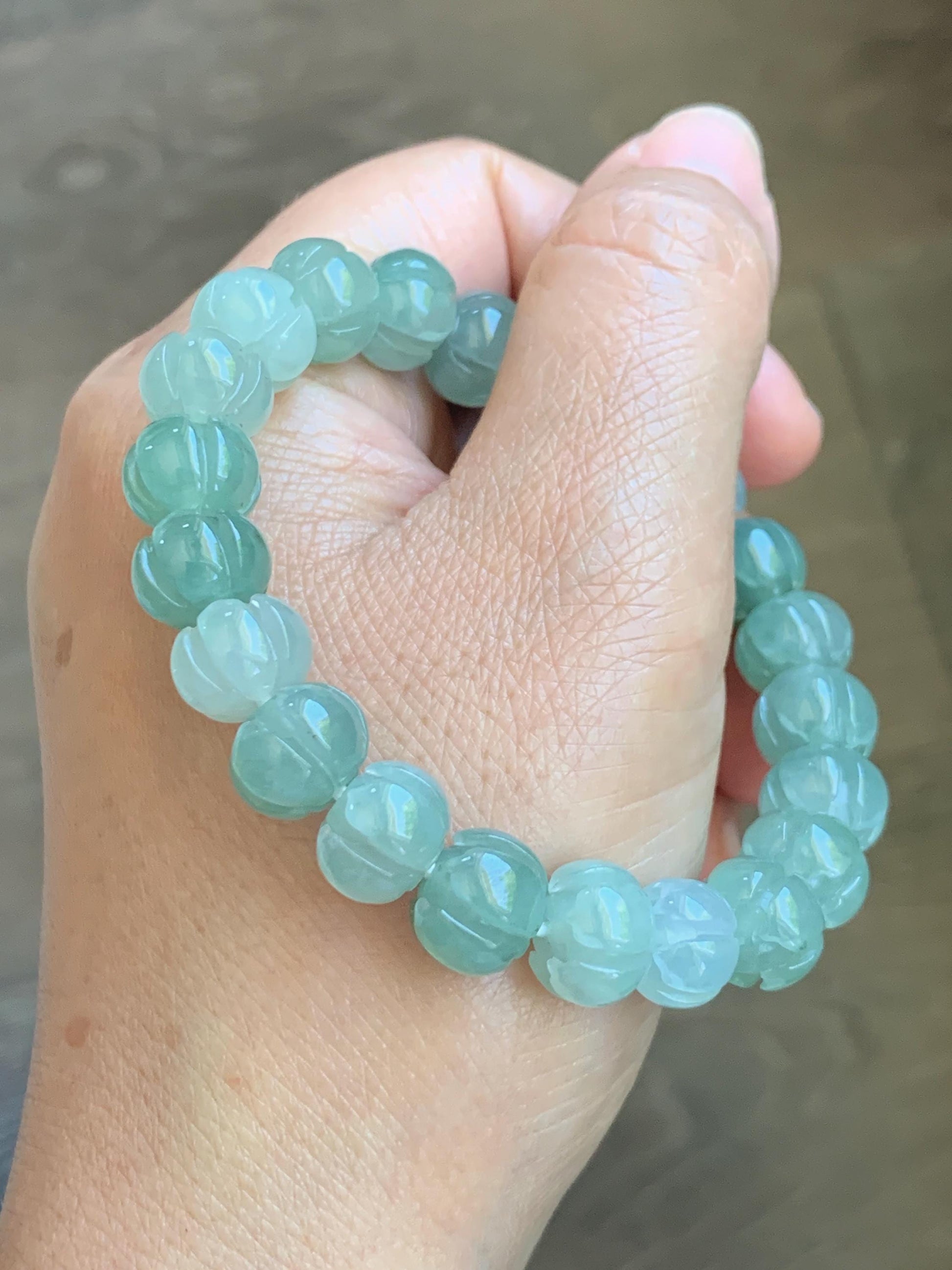 Certified Natural Grade A Icy Translucent Light Green Jade Jadeite Carved Lotus Flower Beads Beaded Bracelet 7” 34.47g 天然冰胶晴色翡翠莲花珠手串 1105