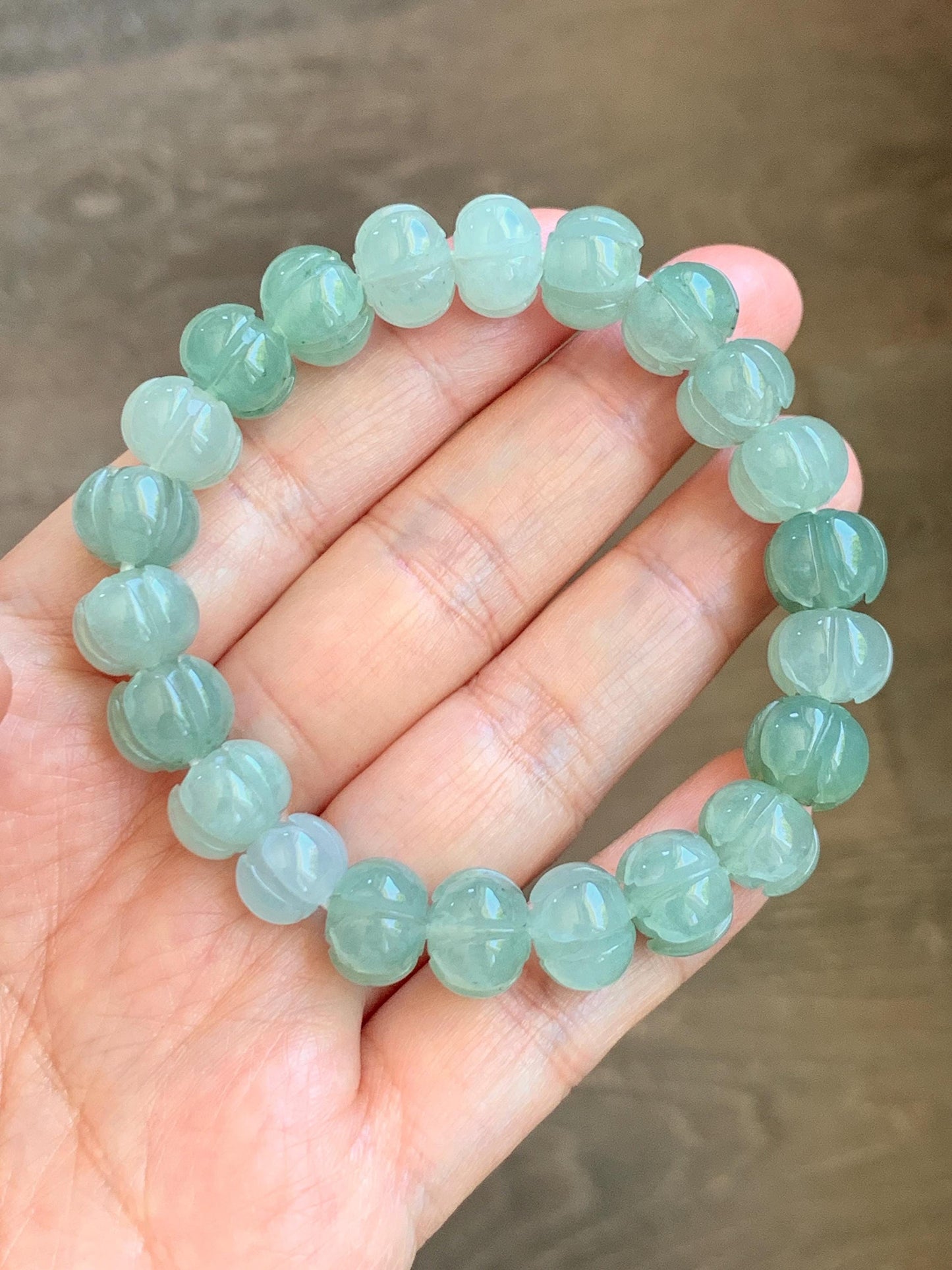 Certified Natural Grade A Icy Translucent Light Green Jade Jadeite Carved Lotus Flower Beads Beaded Bracelet 7” 34.47g 天然冰胶晴色翡翠莲花珠手串 1105